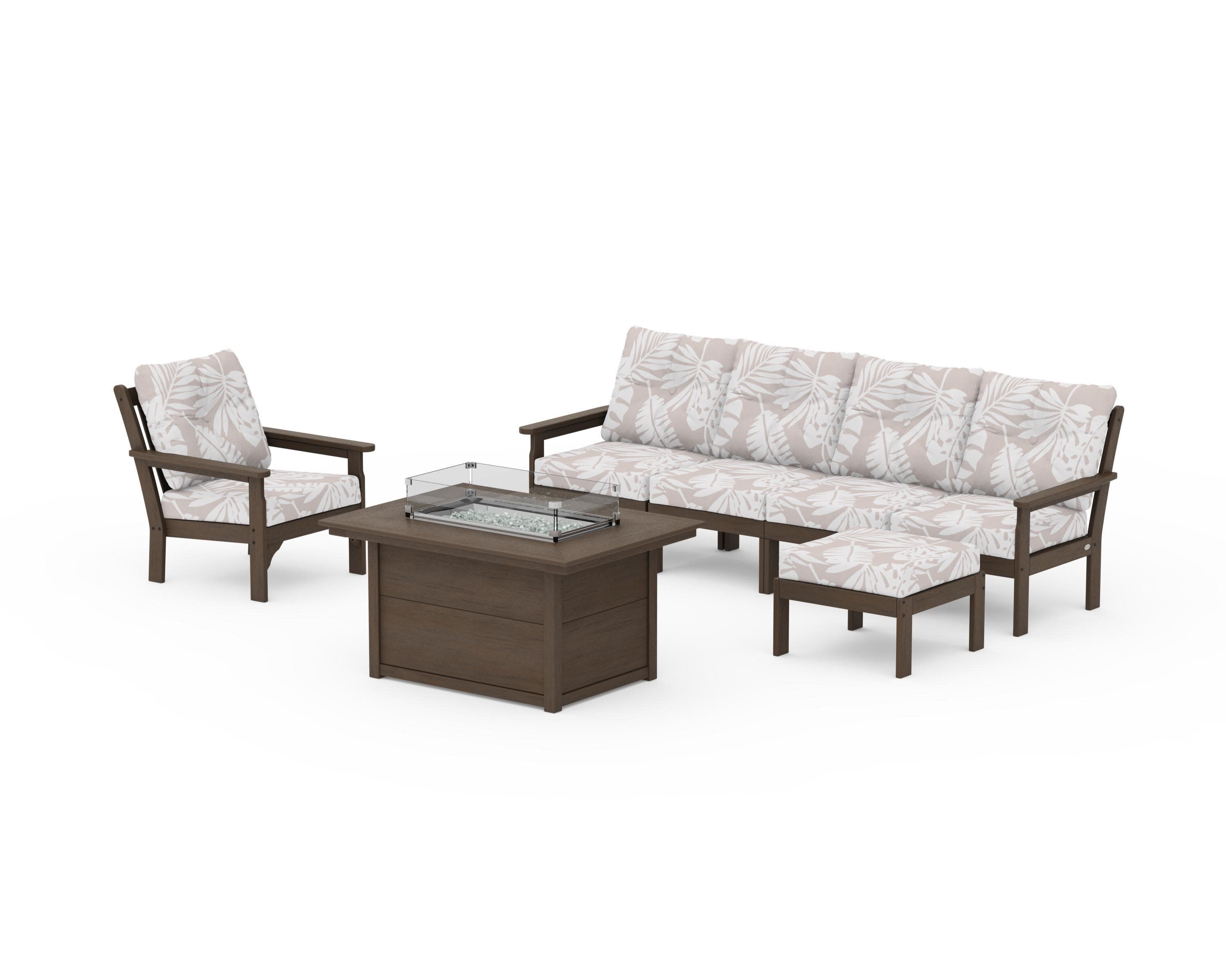Vineyard Sectional Lounge and Fire Pit Set in Kona / Leaf Dune Burlap