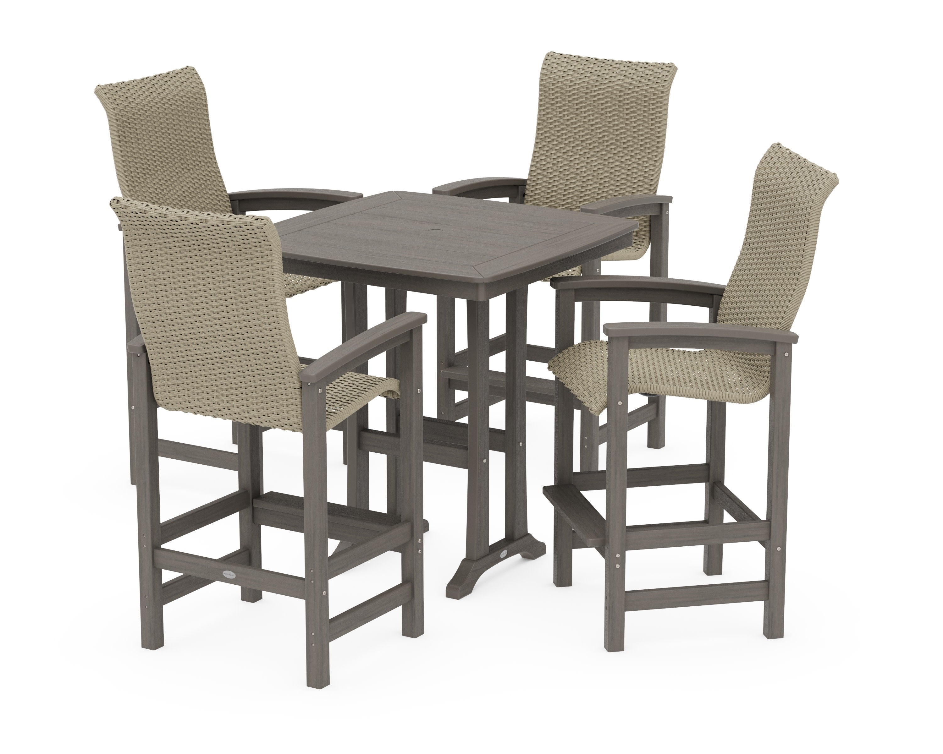 Coastal Woven High-Back 5-Piece Bar Set with Trestle Legs in Driftwood / Dune Grass