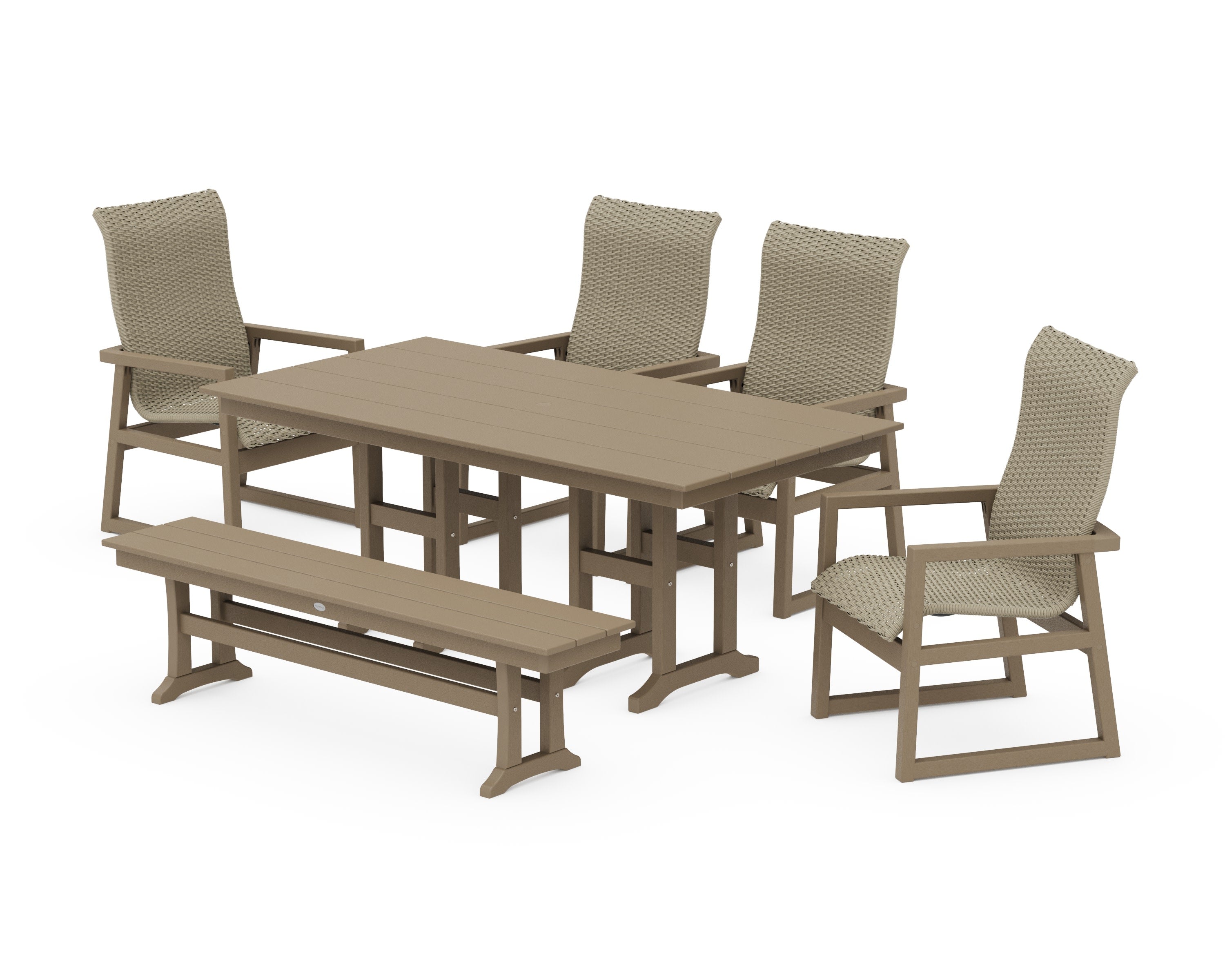 EDGE Woven Highback 6-Piece Farmhouse Dining Set with Bench in Vintage Sahara / Dune Grass