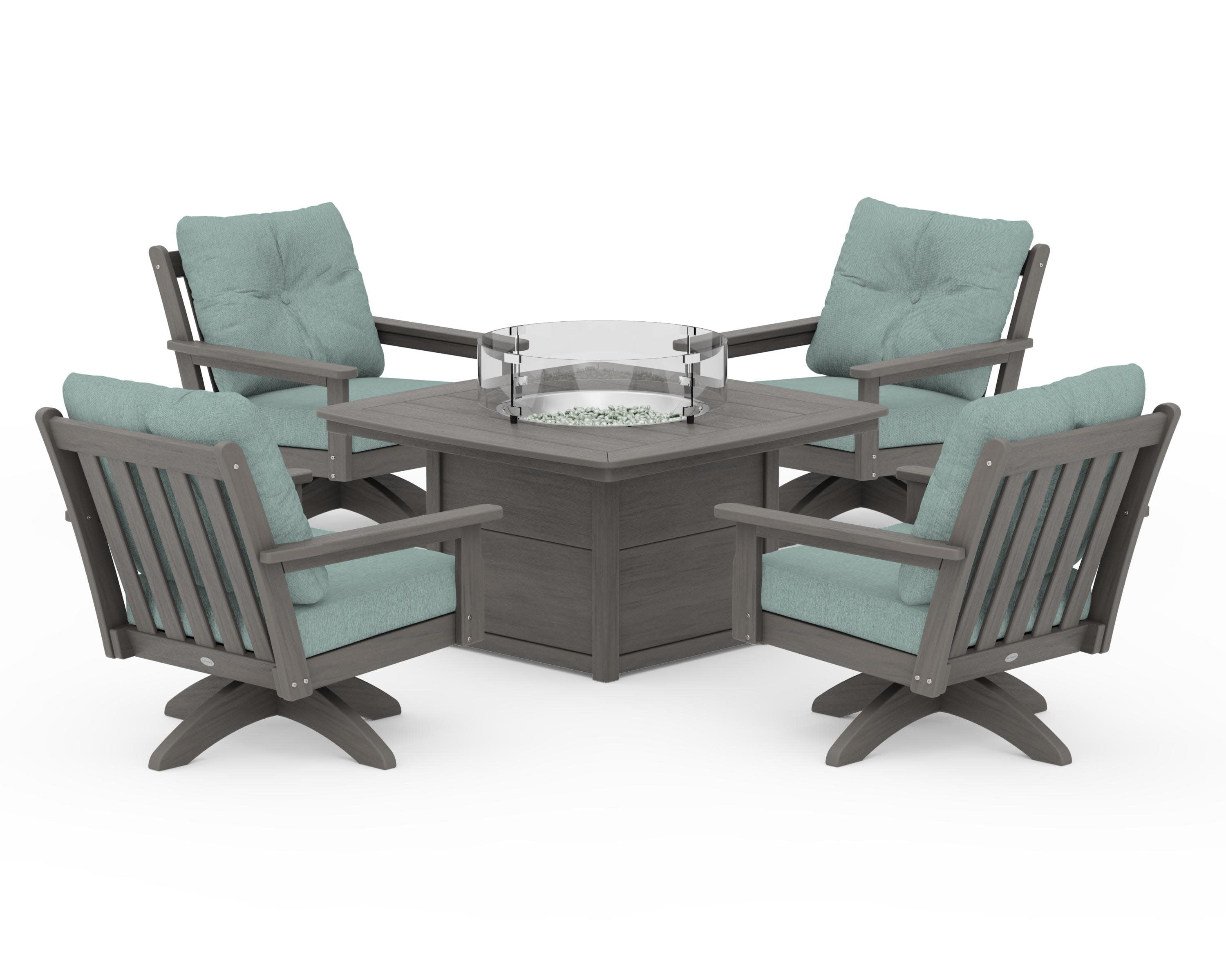 Vineyard 5-Piece Deep Seating Swivel Conversation Set with Fire Pit Table in Driftwood / Glacier Spa