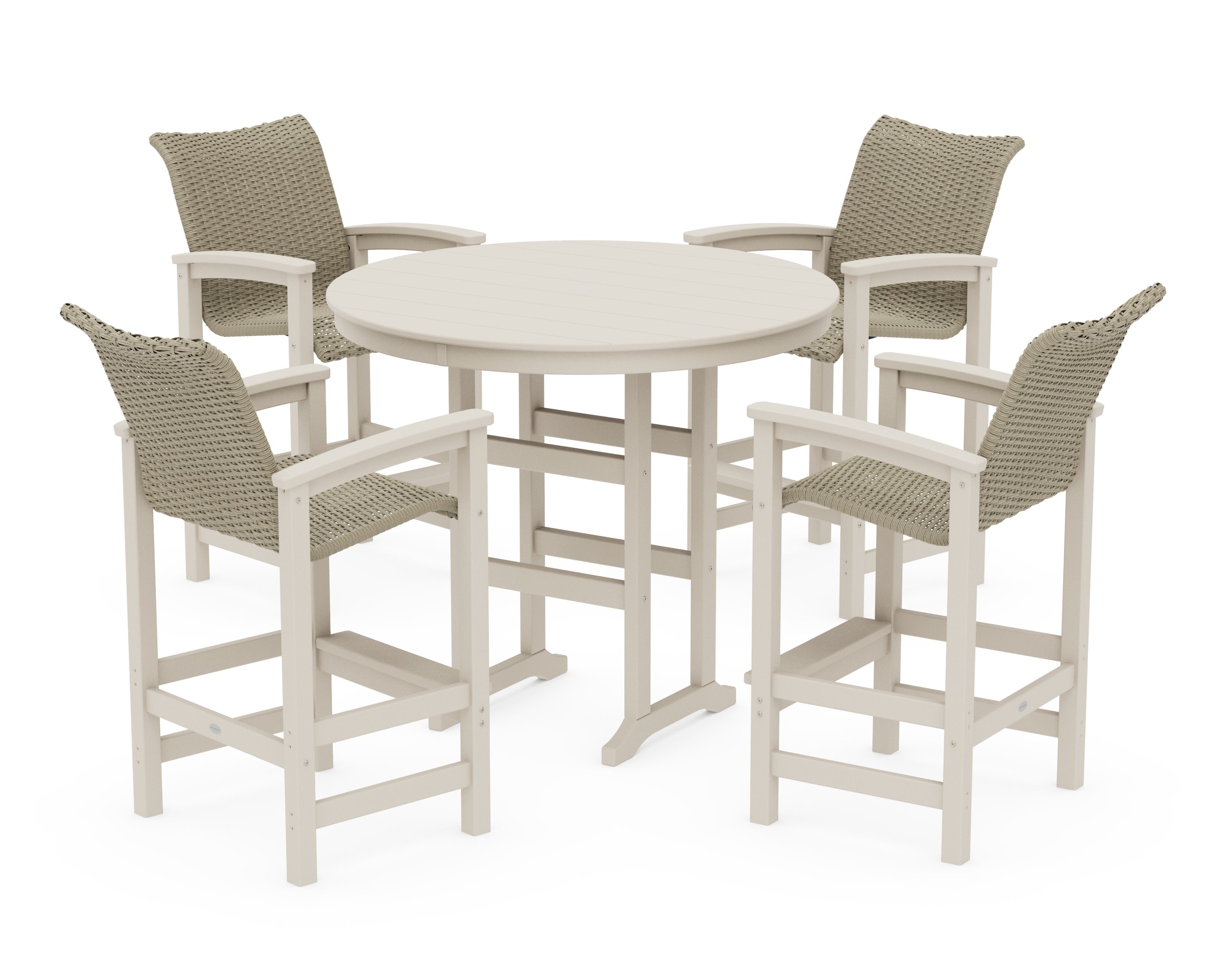 Coastal Woven 5-Piece Round Farmhouse Bar Set in Sand / Dune Grass