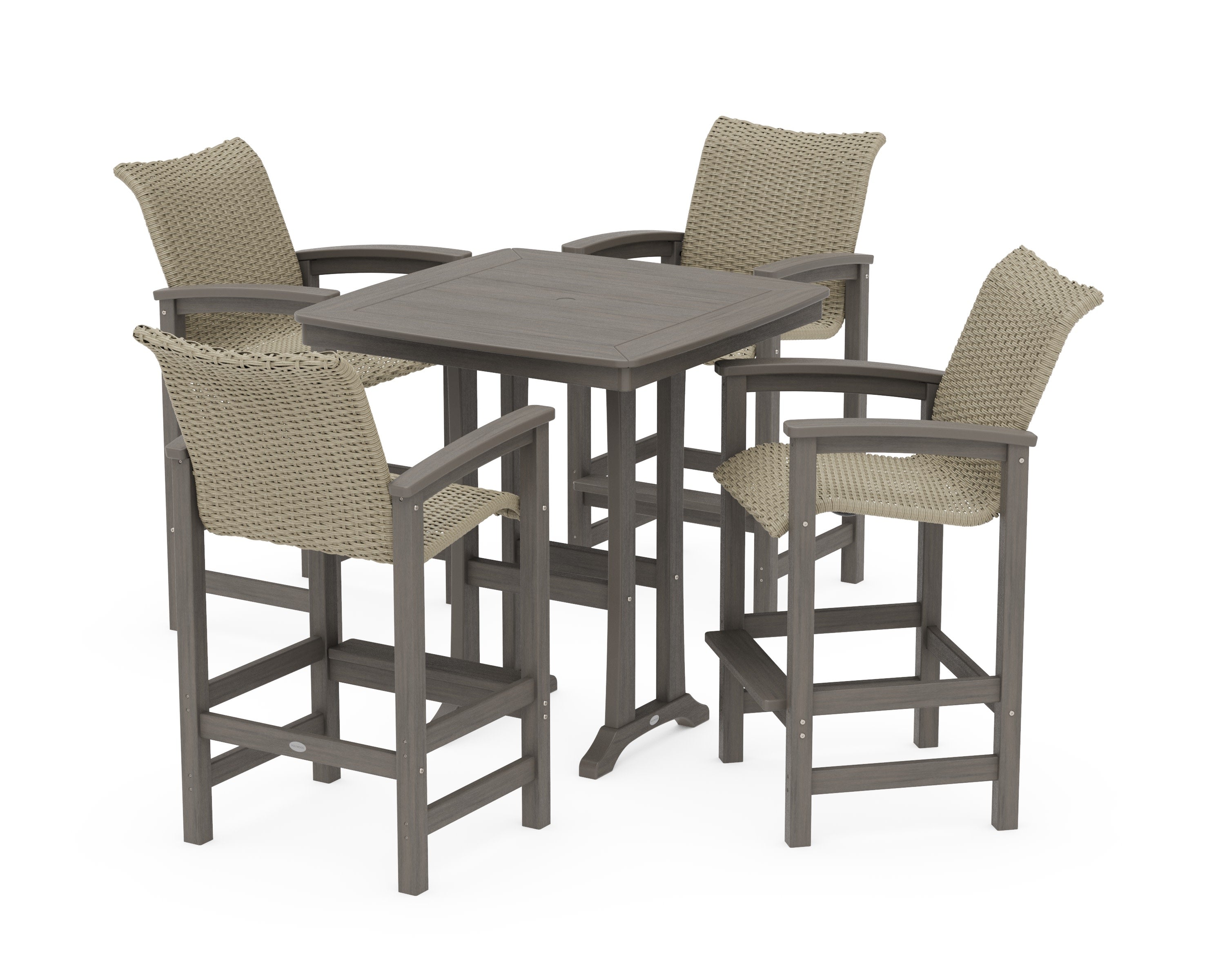 Coastal Woven 5-Piece Bar Set with Trestle Legs in Driftwood / Dune Grass