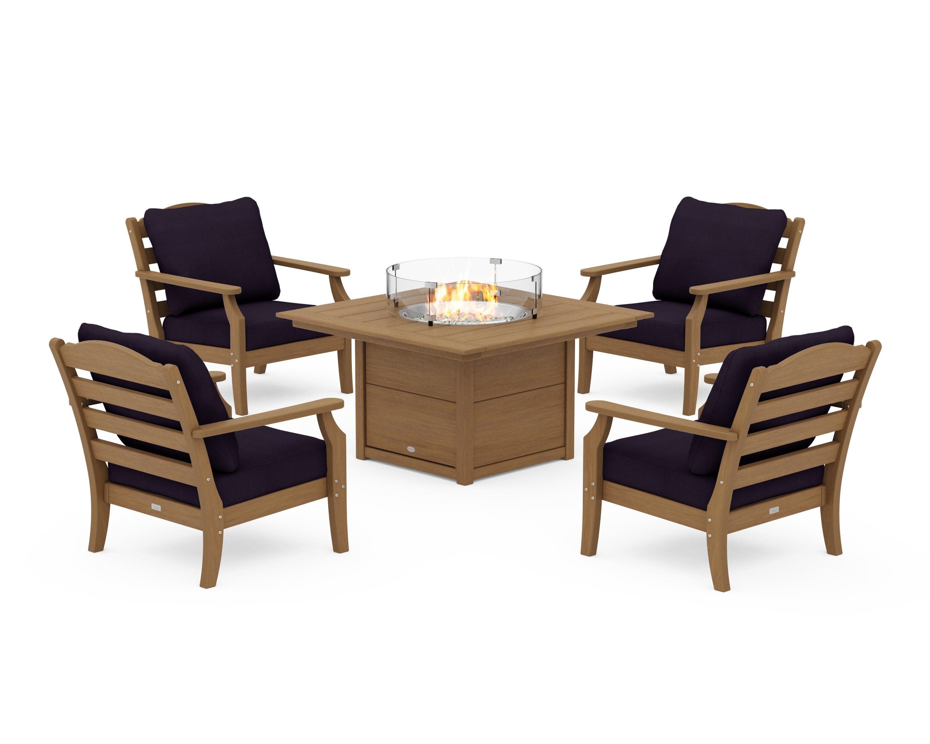 Savannah 5-Piece Deep Seating Set with Fire Pit Table in Natural / Navy Linen