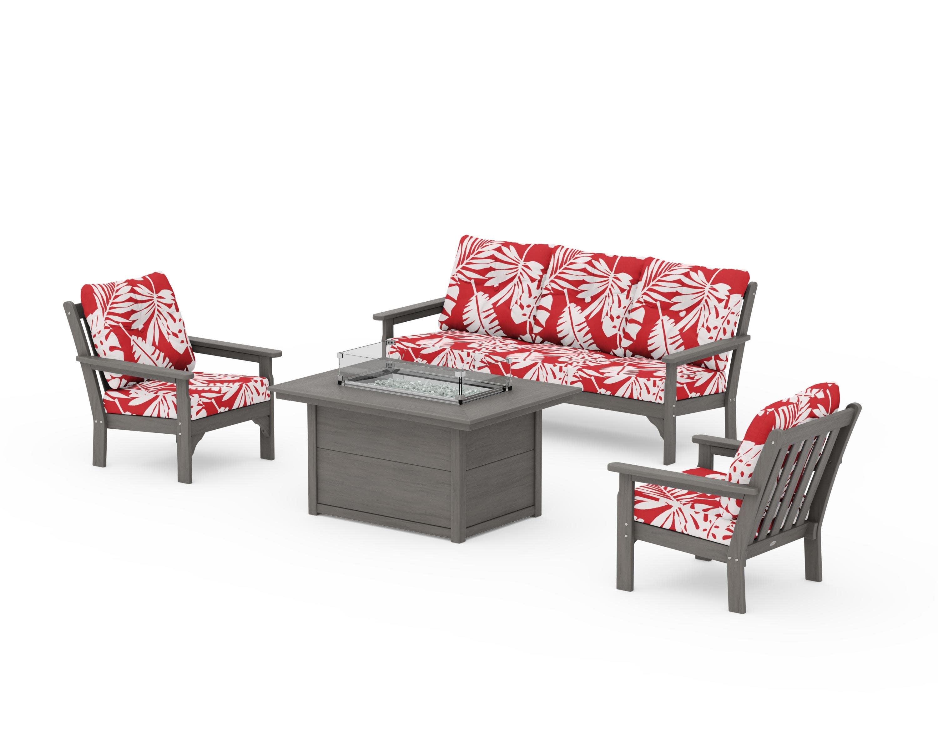 Vineyard Deep Seating Fire Pit Table Set in Driftwood / Leaf Crimson