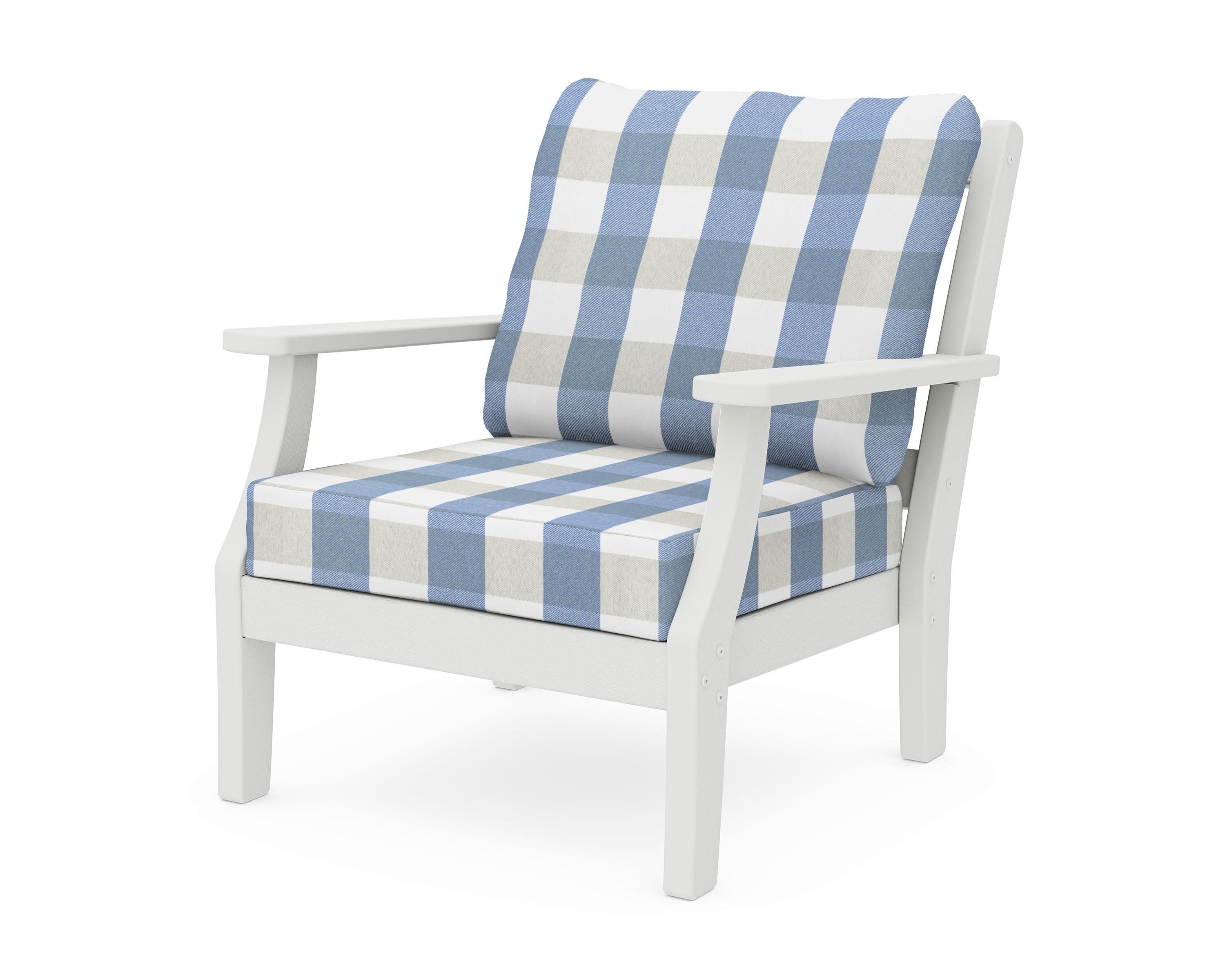 Chinoiserie Deep Seating Chair in Vintage White / Buffalo Plaid Sky Blue
