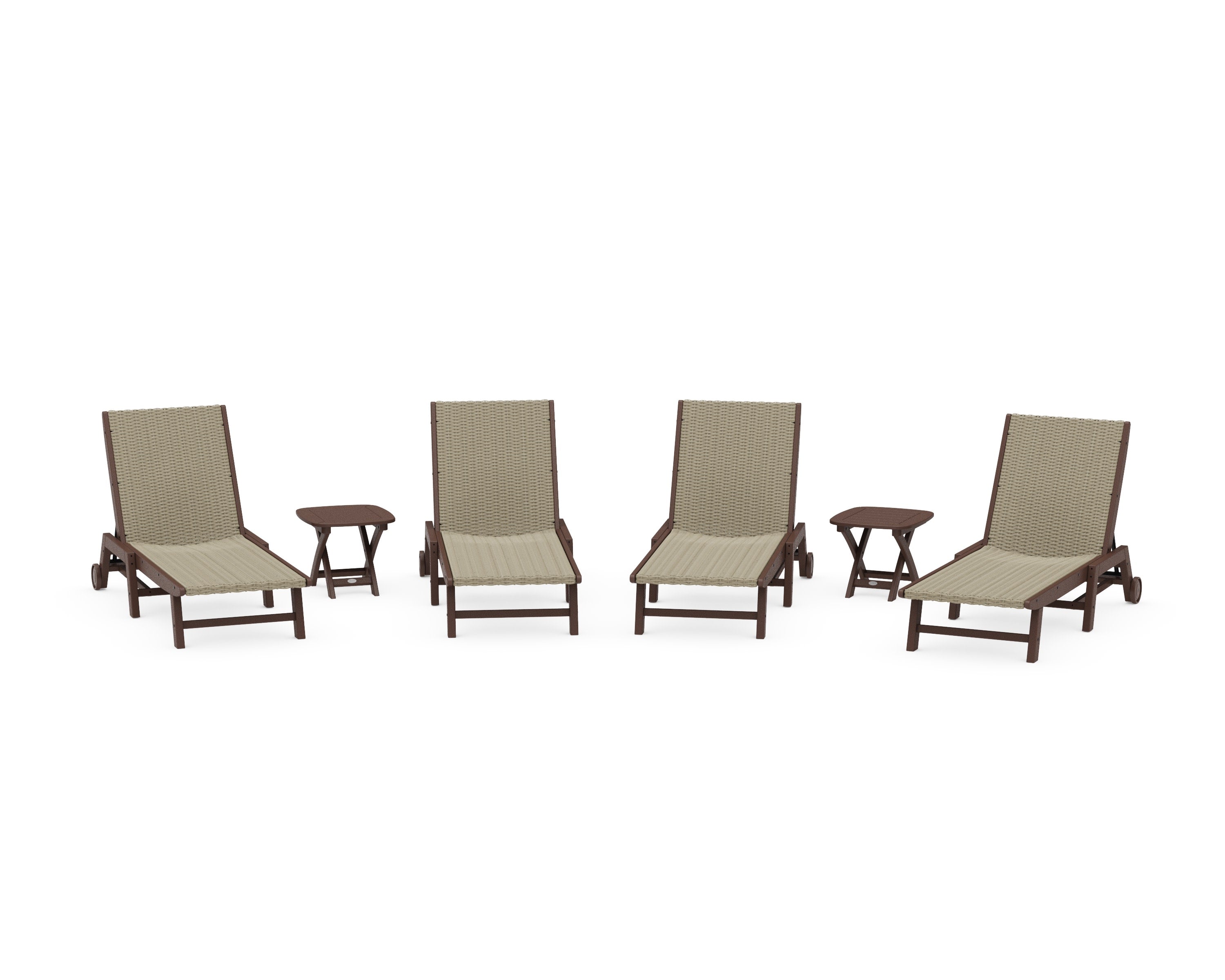 6- Piece Coastal Woven Chaise with Wheels Chaise Lounge Set in Mahogany / Dune Grass