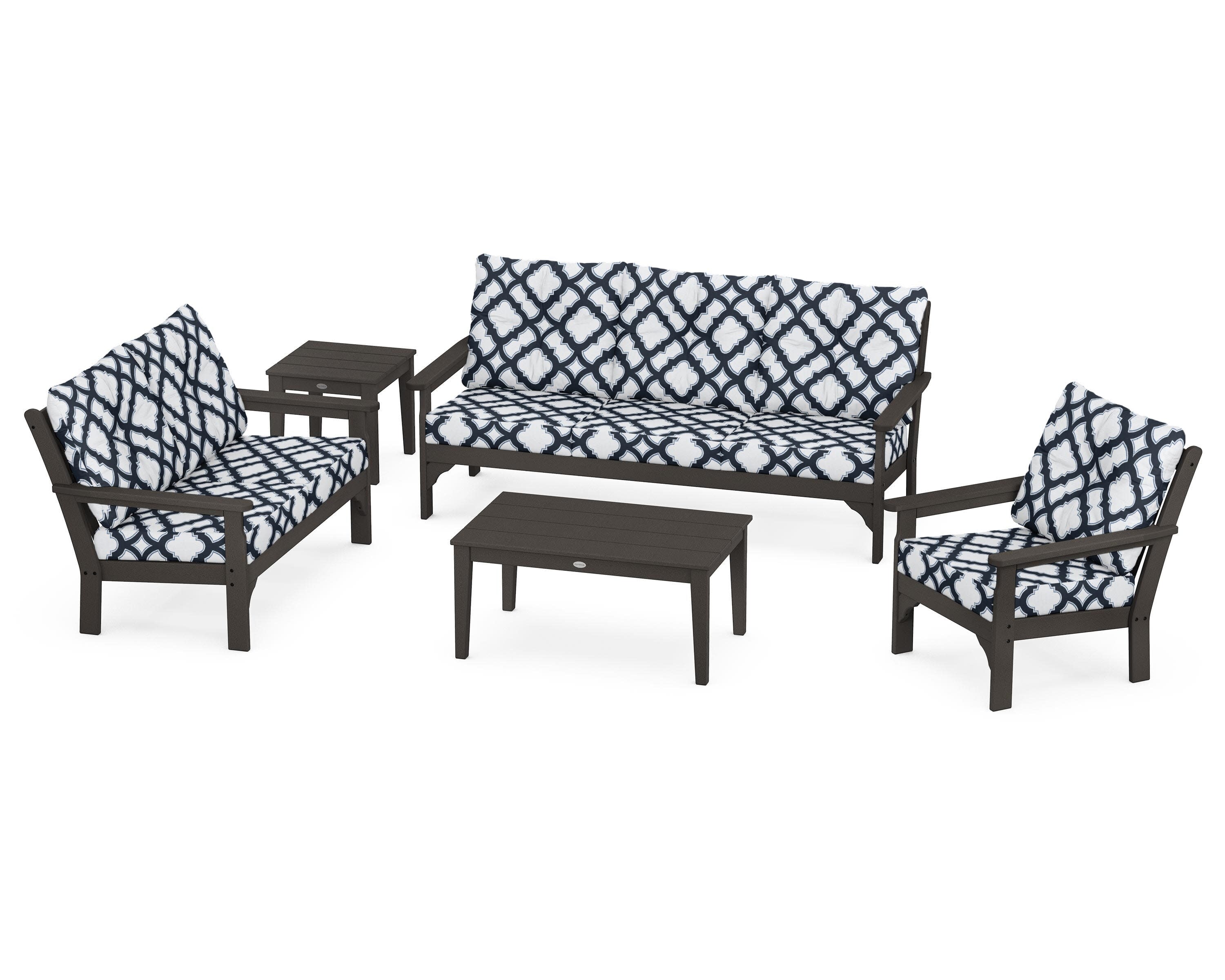 Vineyard 5 Piece Deep Seating Set in Vintage Coffee / Trellis Marine Indigo