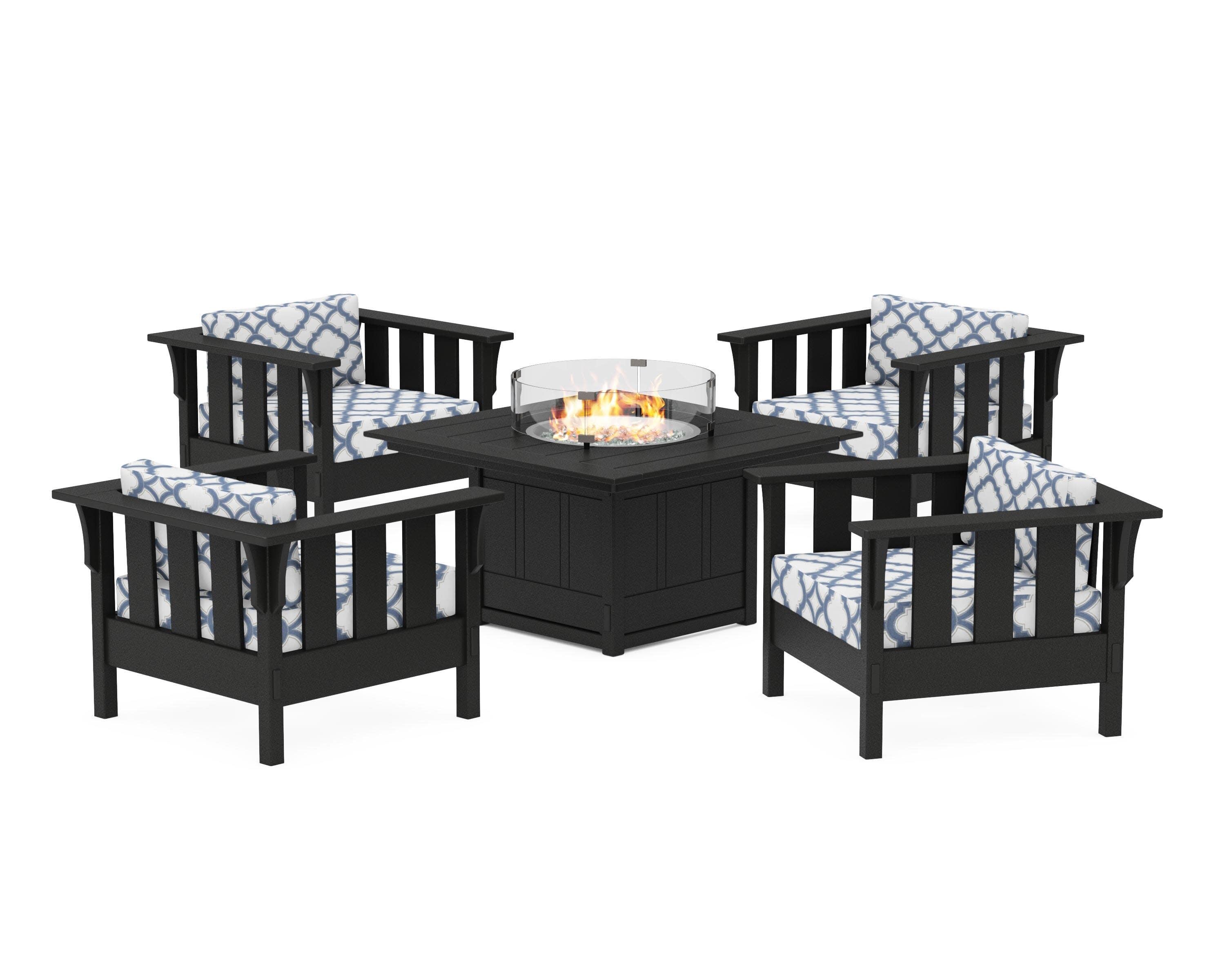 Acadia 5-Piece Deep Seating Set with Fire Pit Table in Black / Trellis Sky Blue