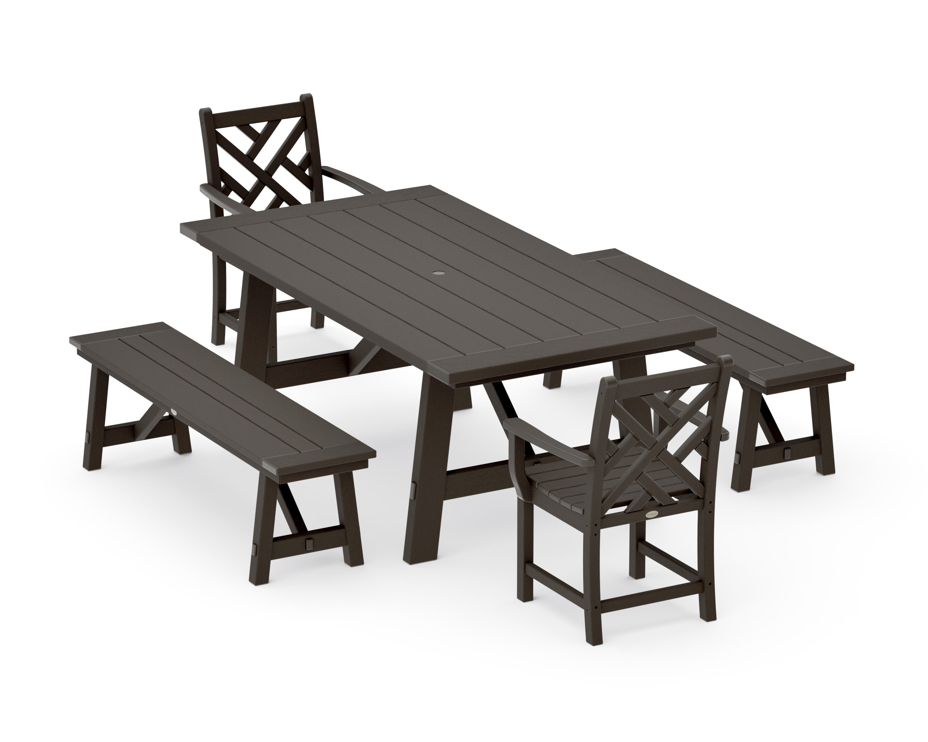 Chippendale 5-Piece Rustic Farmhouse Dining Set With Benches in Vintage Coffee