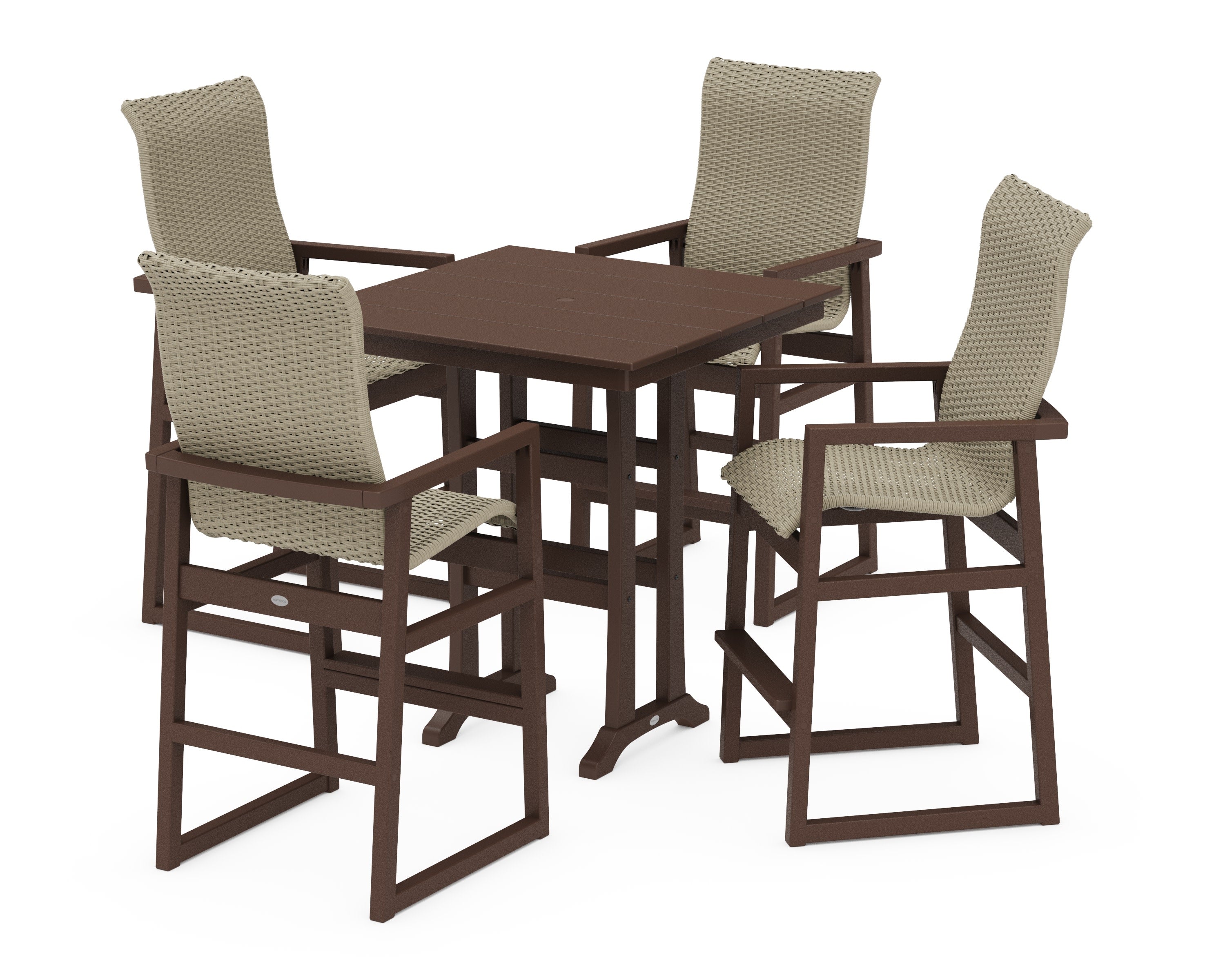 EDGE Woven Highback 5-Piece Farmhouse Bar Set with Trestle Legs in Mahogany / Dune Grass