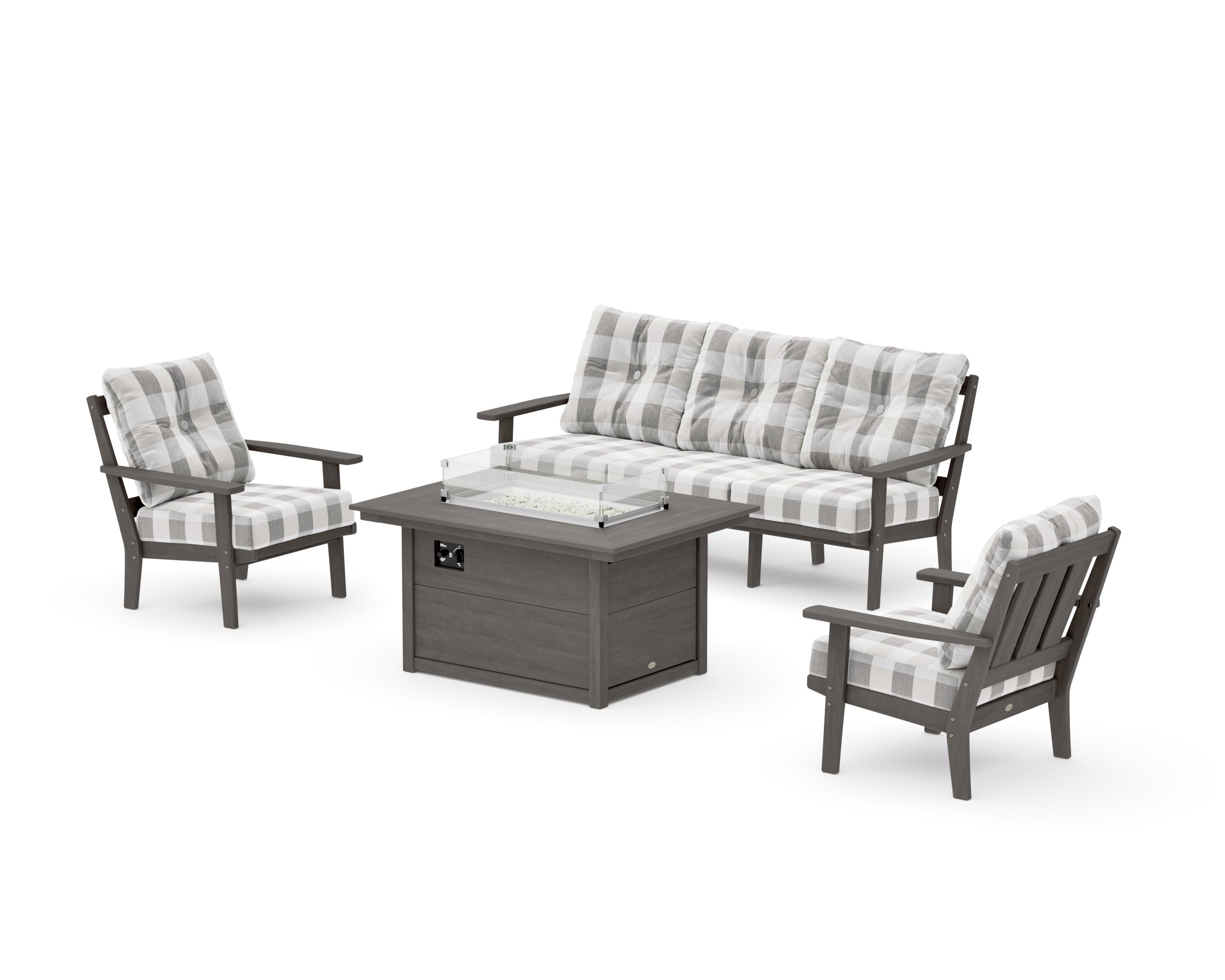 Oxford Deep Seating Fire Pit Table Set in Driftwood / Buffalo Plaid Grey Mist