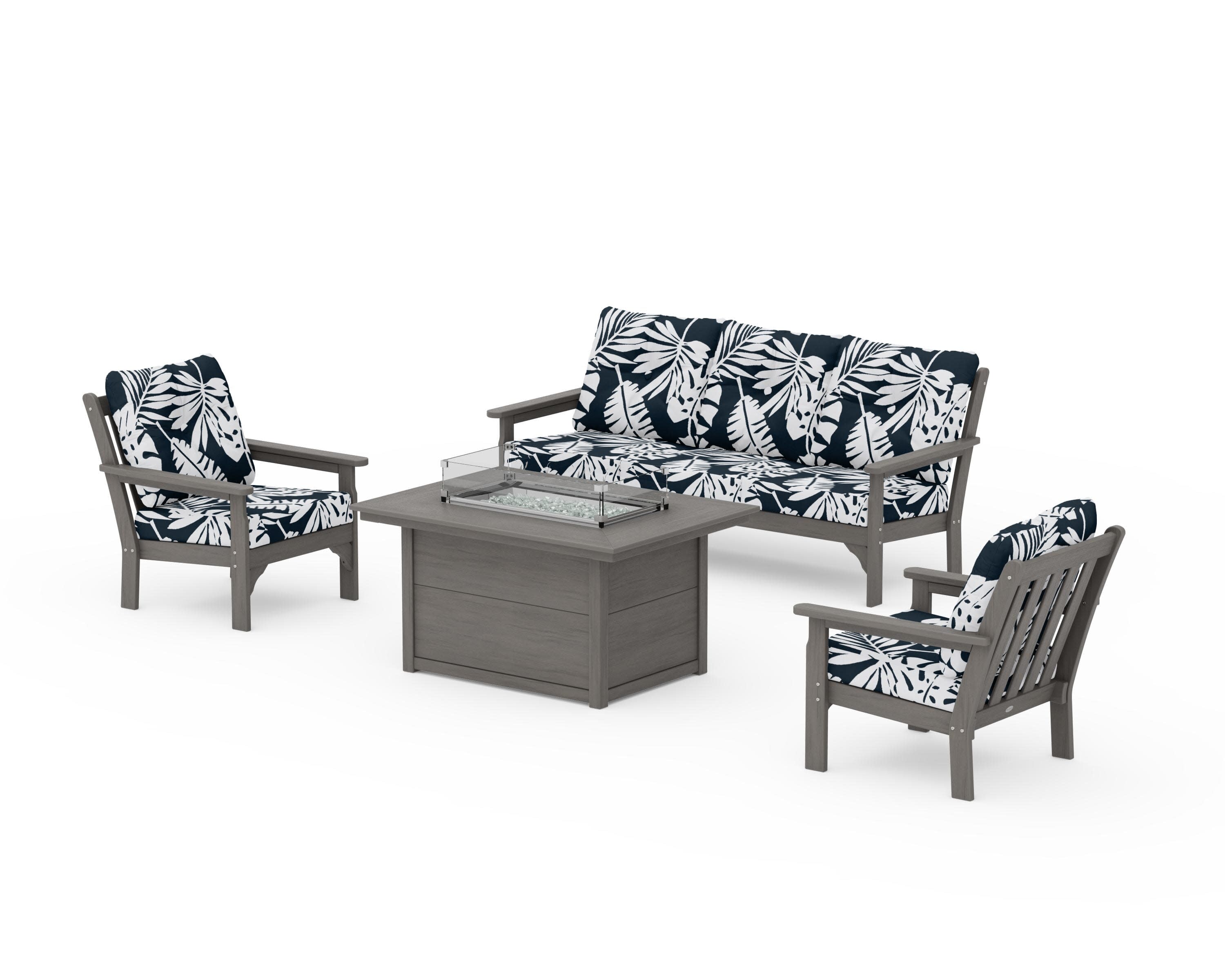 Vineyard Deep Seating Fire Pit Table Set in Driftwood / Leaf Marine Indigo