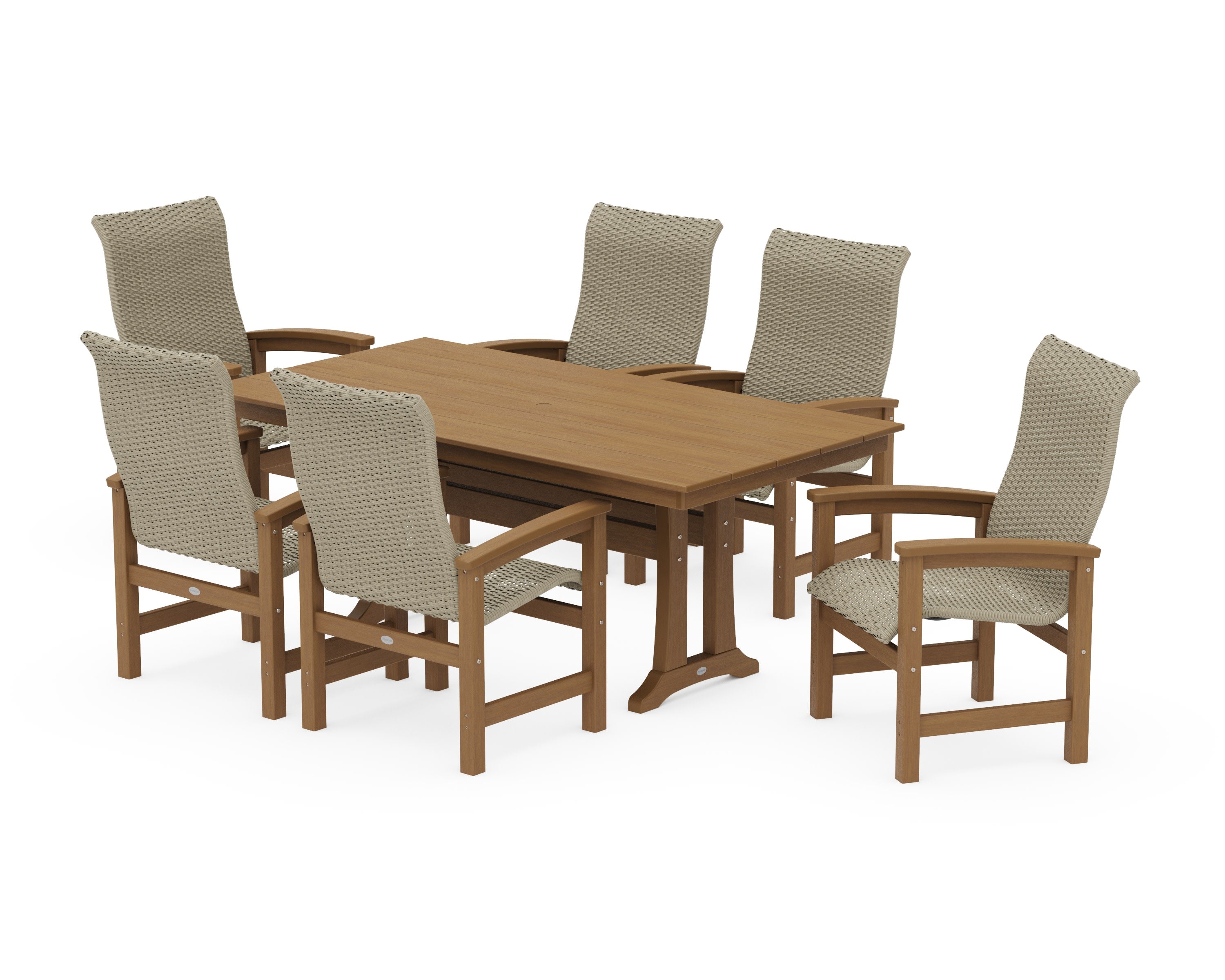 Coastal Woven High-Back Arm Chair 7-Piece Farmhouse Dining Set with Trestle Legs in Natural / Dune Grass