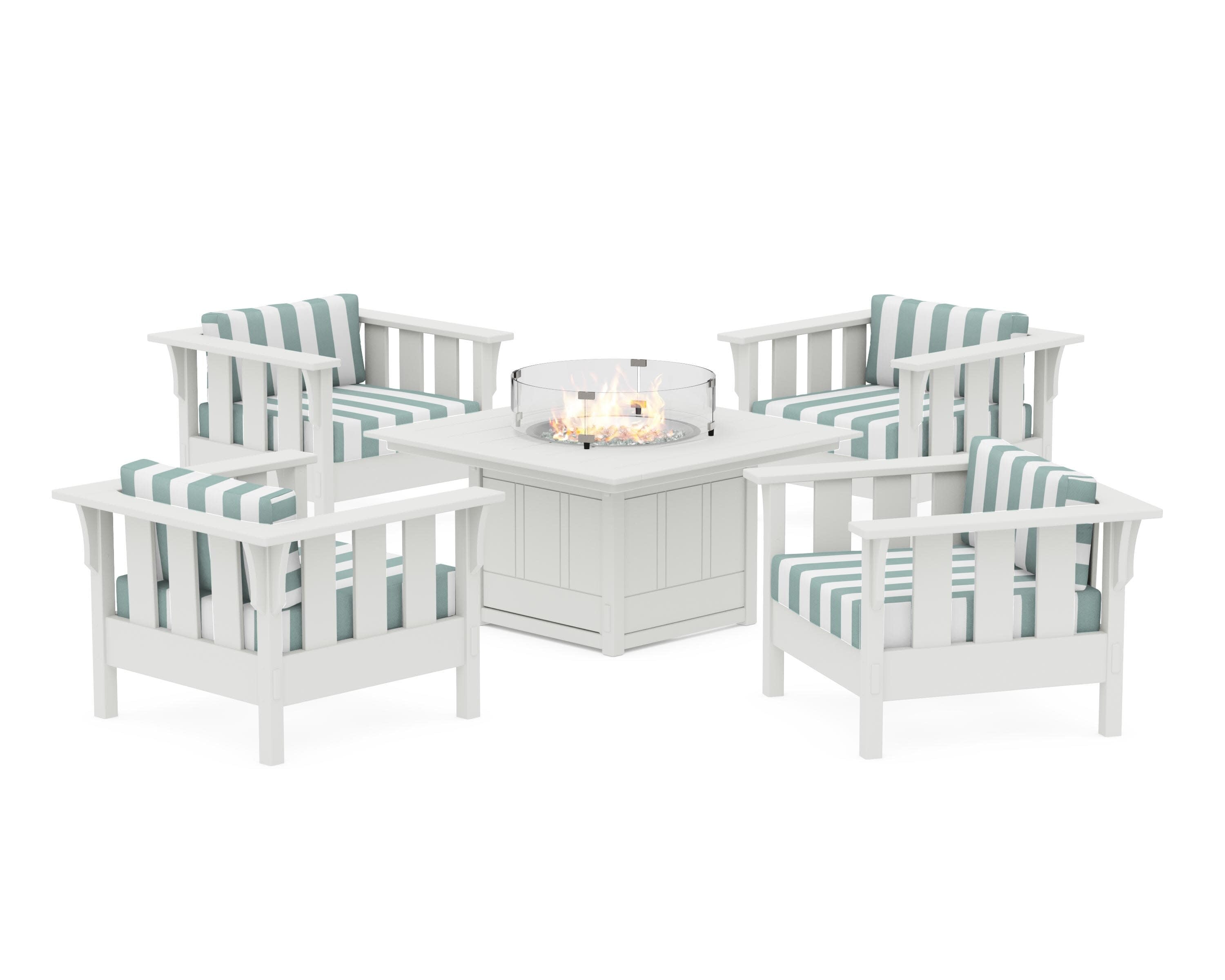 Acadia 5-Piece Deep Seating Set with Fire Pit Table in White / Cabana Stripe Glacier Spa