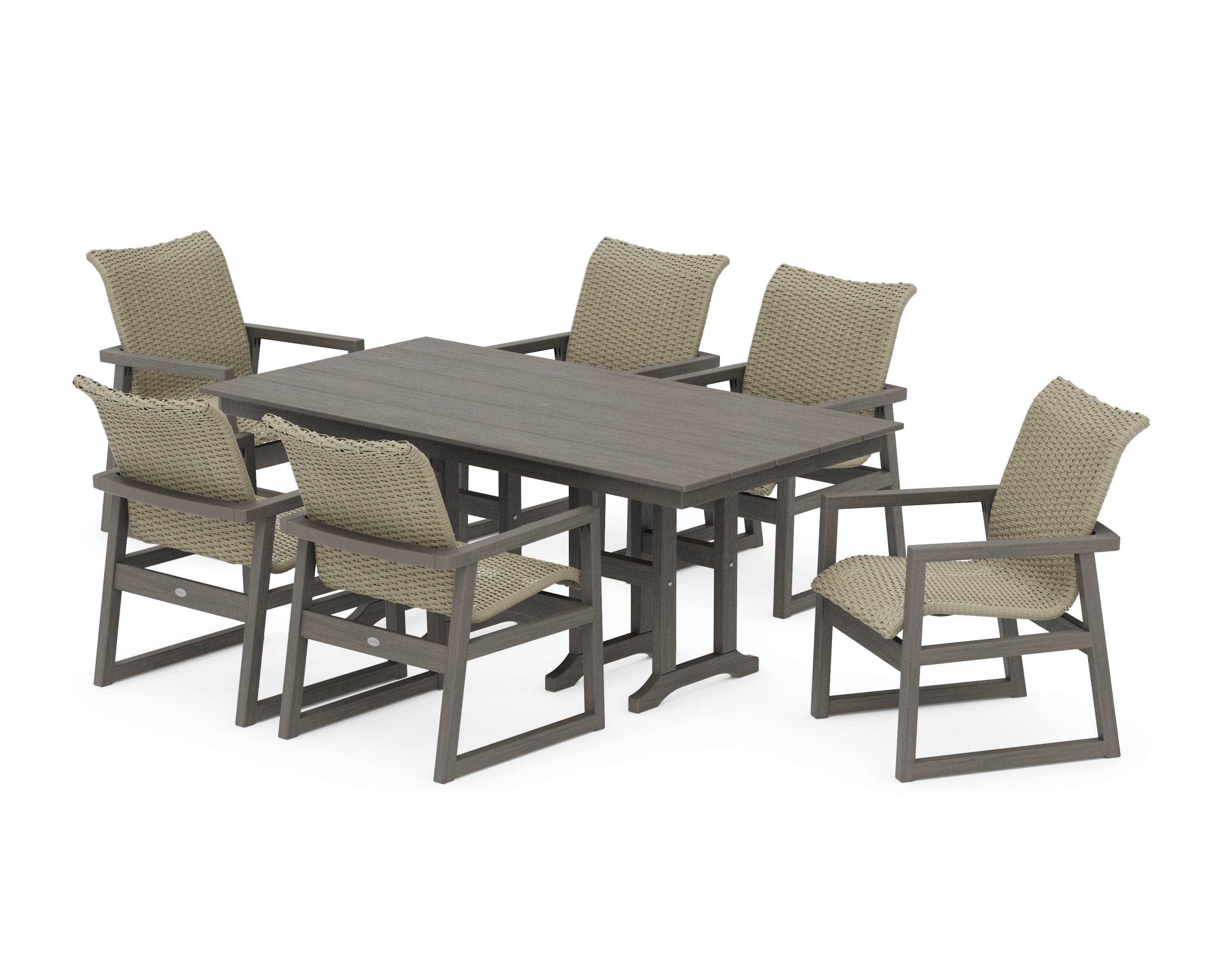 EDGE Woven Arm Chair 7-Piece Farmhouse Dining Set in Driftwood / Dune Grass