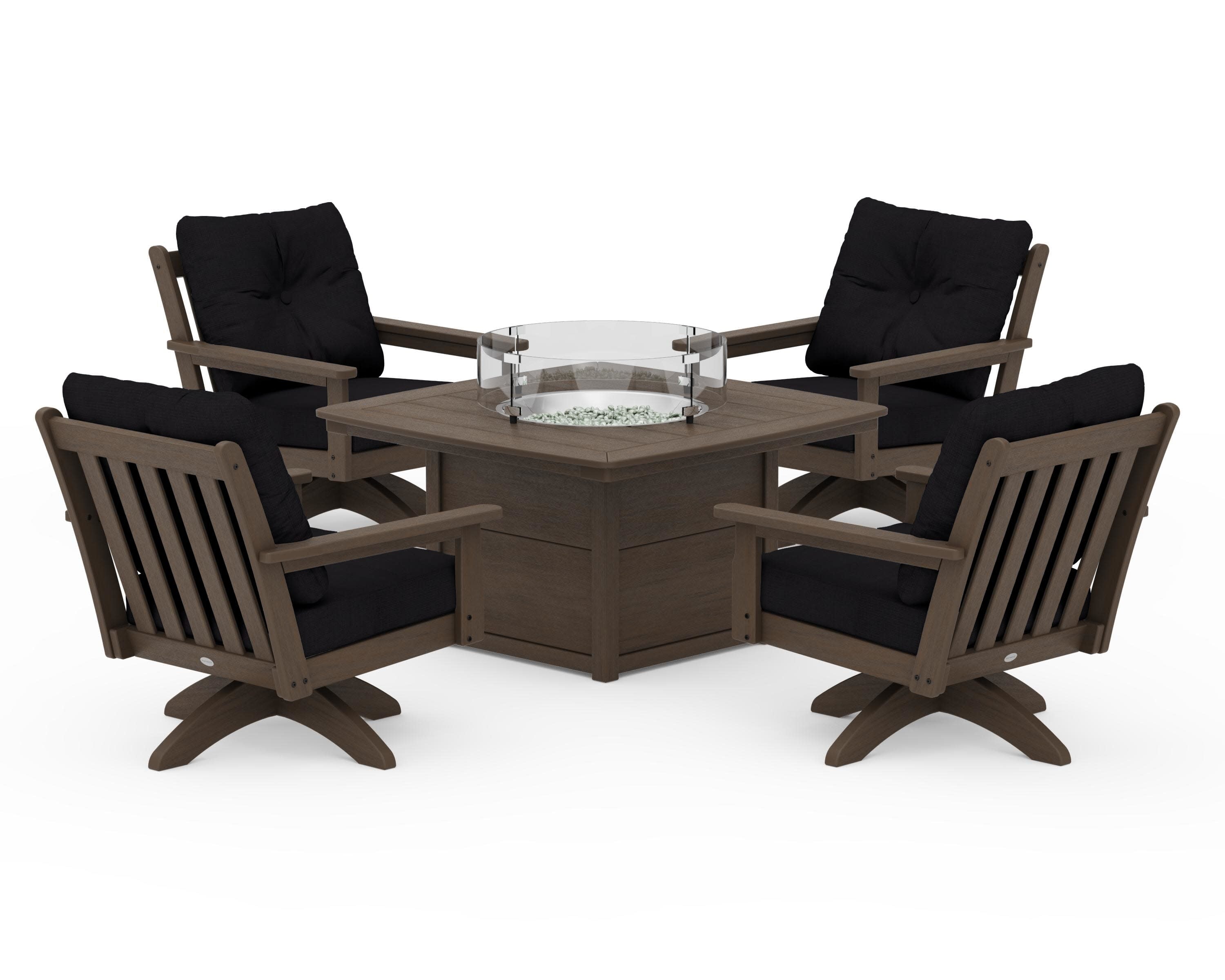 Vineyard 5-Piece Deep Seating Swivel Conversation Set with Fire Pit Table in Kona / Midnight Linen