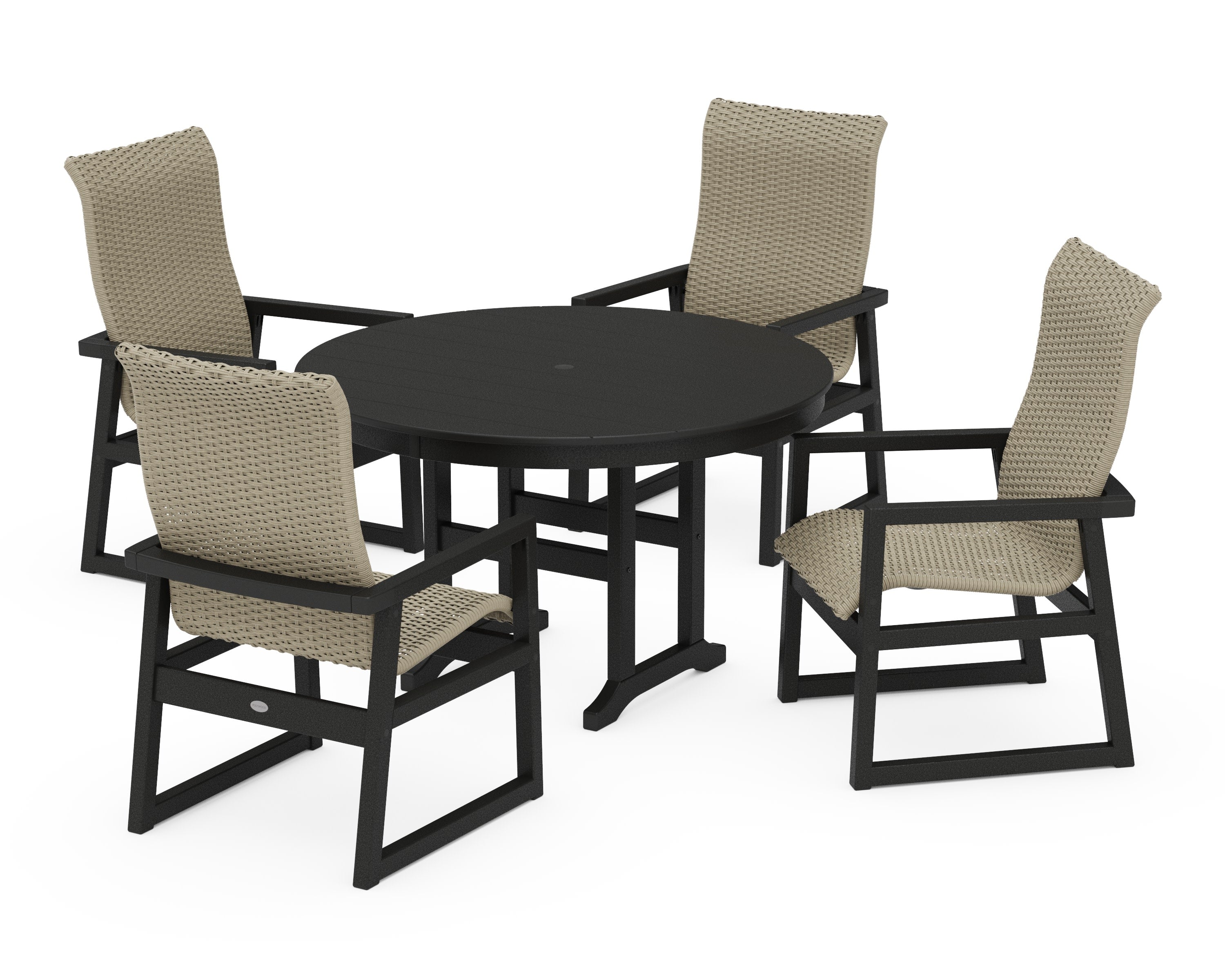 EDGE Woven Highback 5-Piece Round Farmhouse Dining Set in Black / Dune Grass