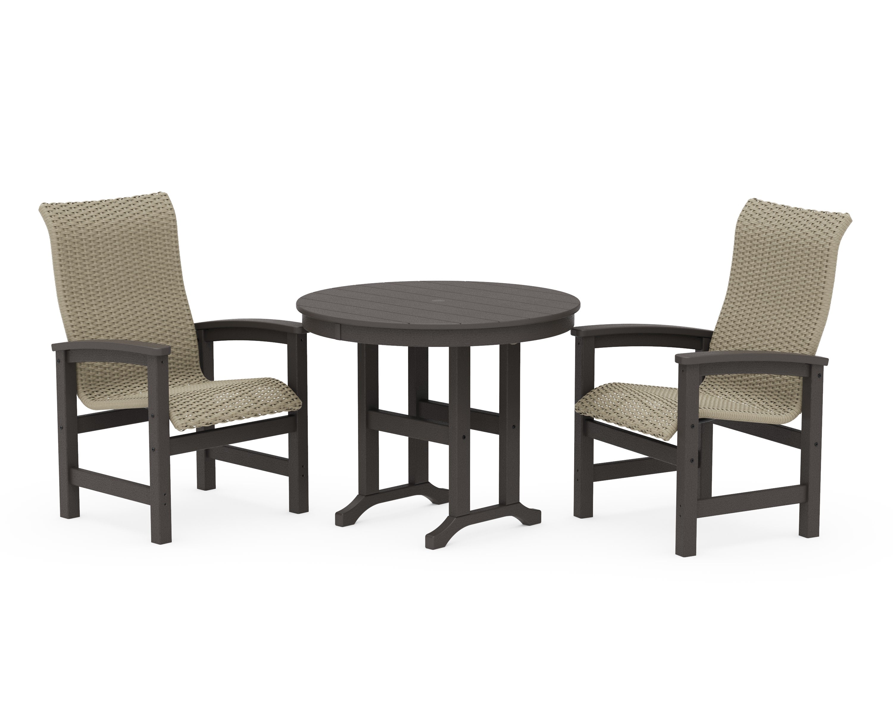 Coastal Woven High-Back 3-Piece Farmhouse Dining Set in Vintage Coffee / Dune Grass