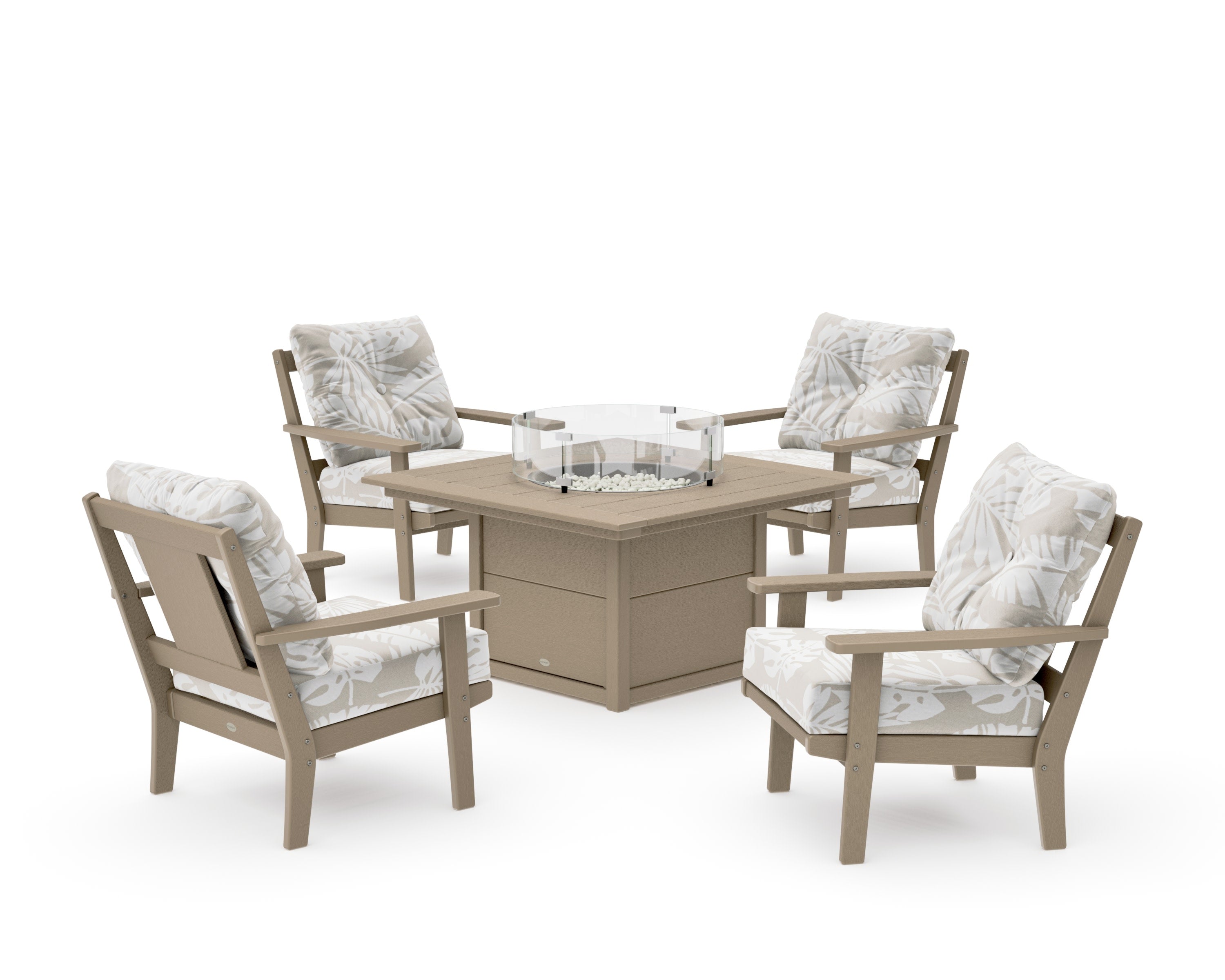 Prairie 5-Piece Deep Seating Set with Fire Pit Table in Vintage Sahara / Leaf Dune Burlap