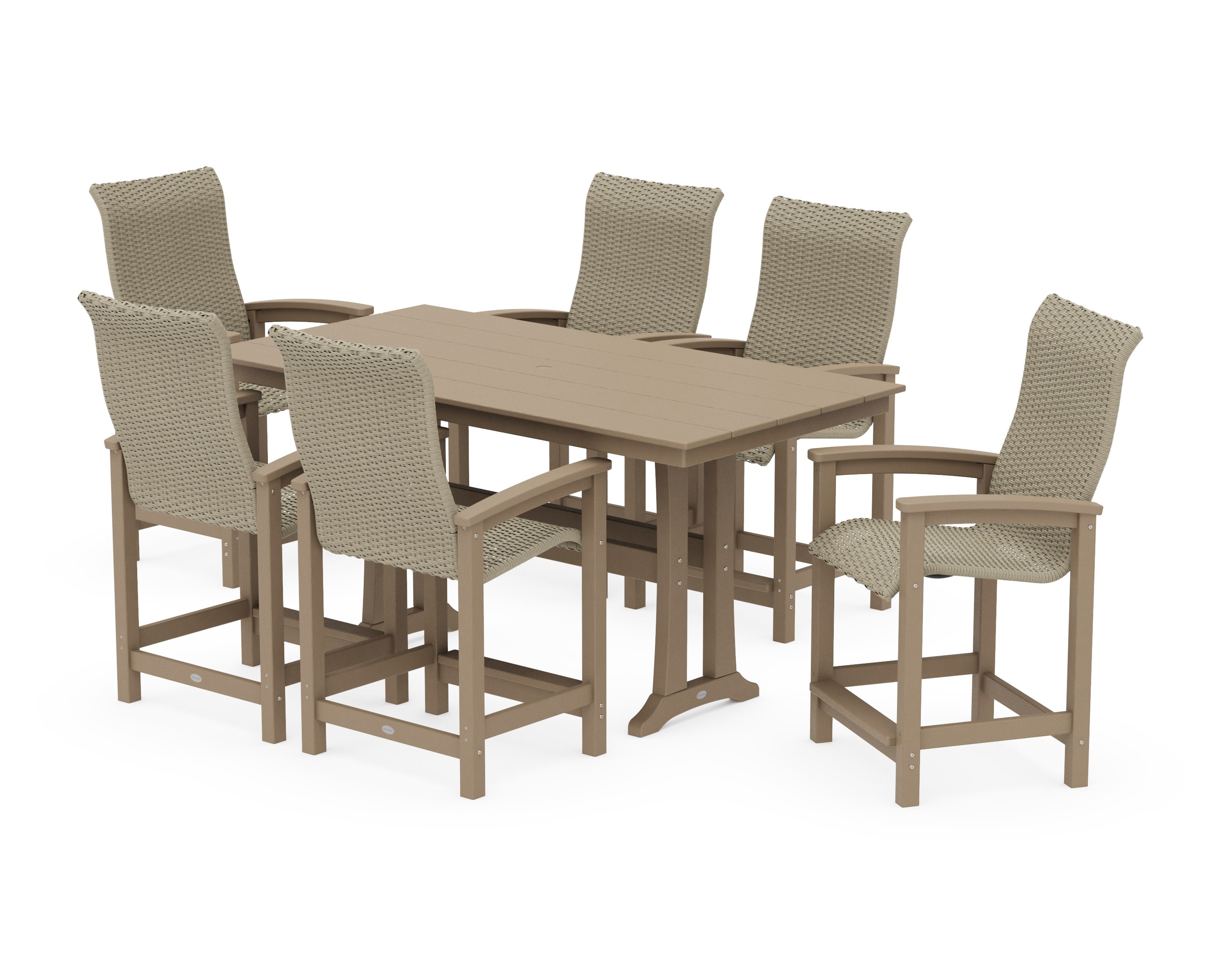 Coastal Woven High-Back Arm Chair 7-Piece Farmhouse Counter Set with Trestle Legs in Vintage Sahara / Dune Grass