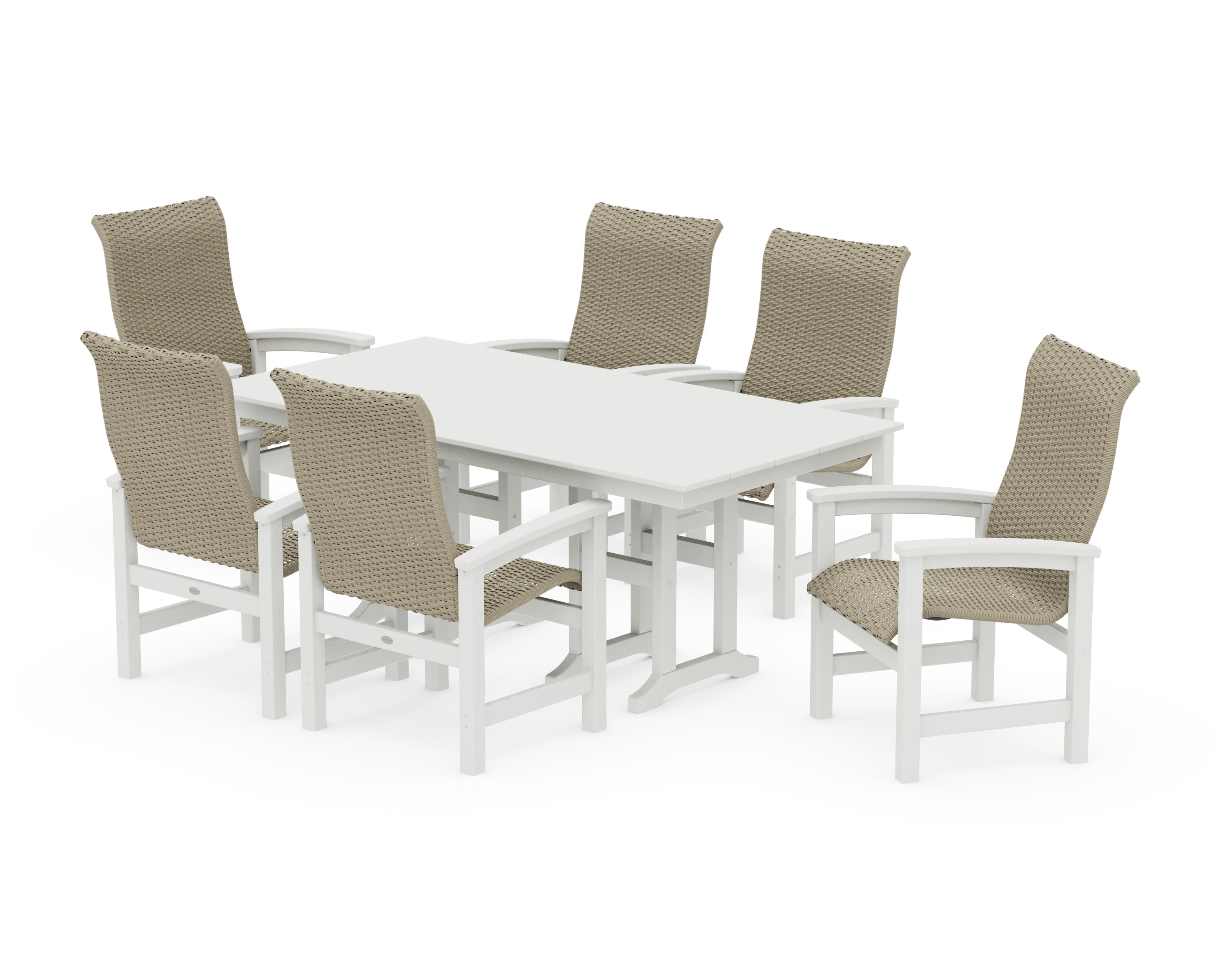 Coastal Woven High-Back Arm Chair 7-Piece Farmhouse Dining Set in White / Dune Grass