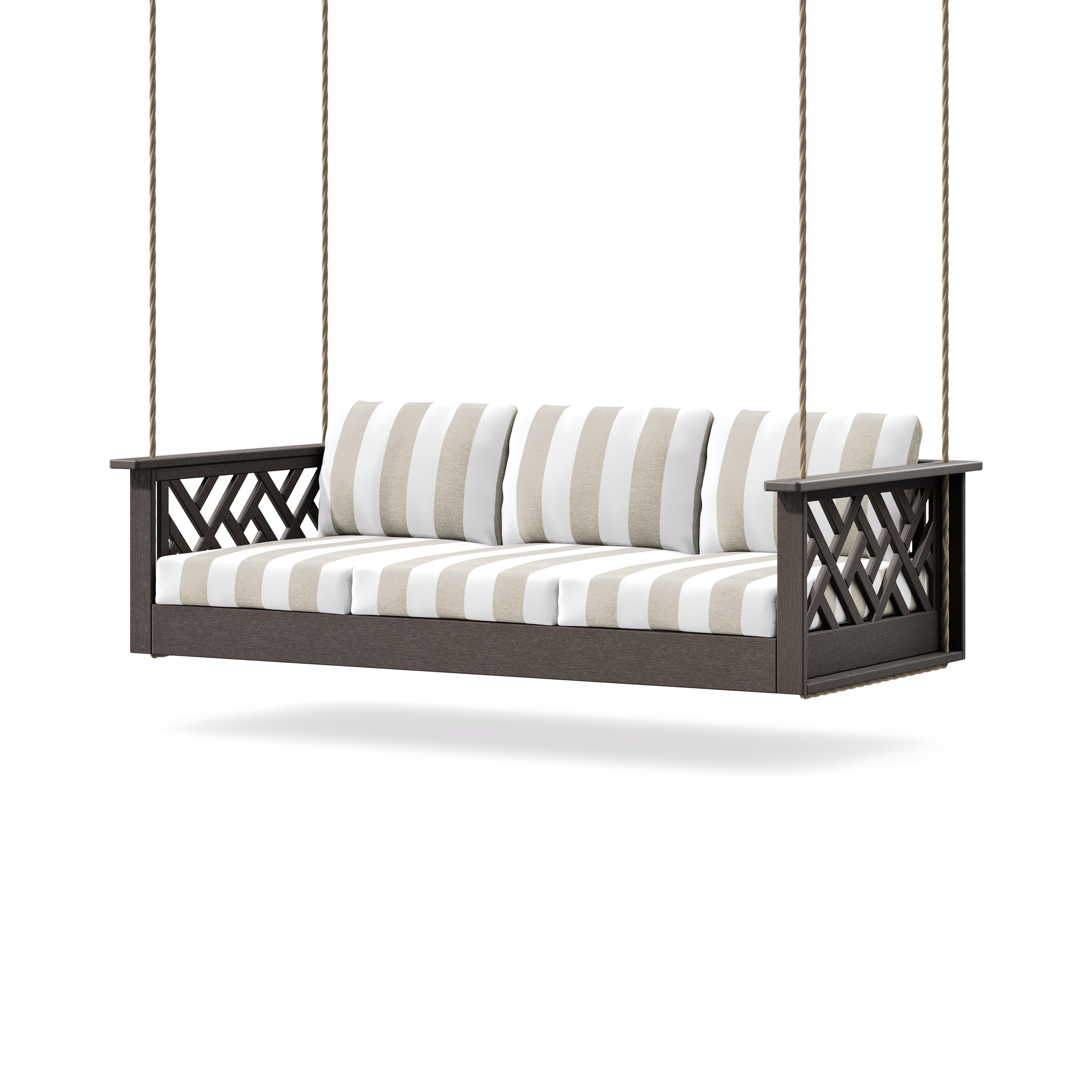 Chippendale Daybed Swing in Vintage Coffee / Cabana Stripe Dune Burlap