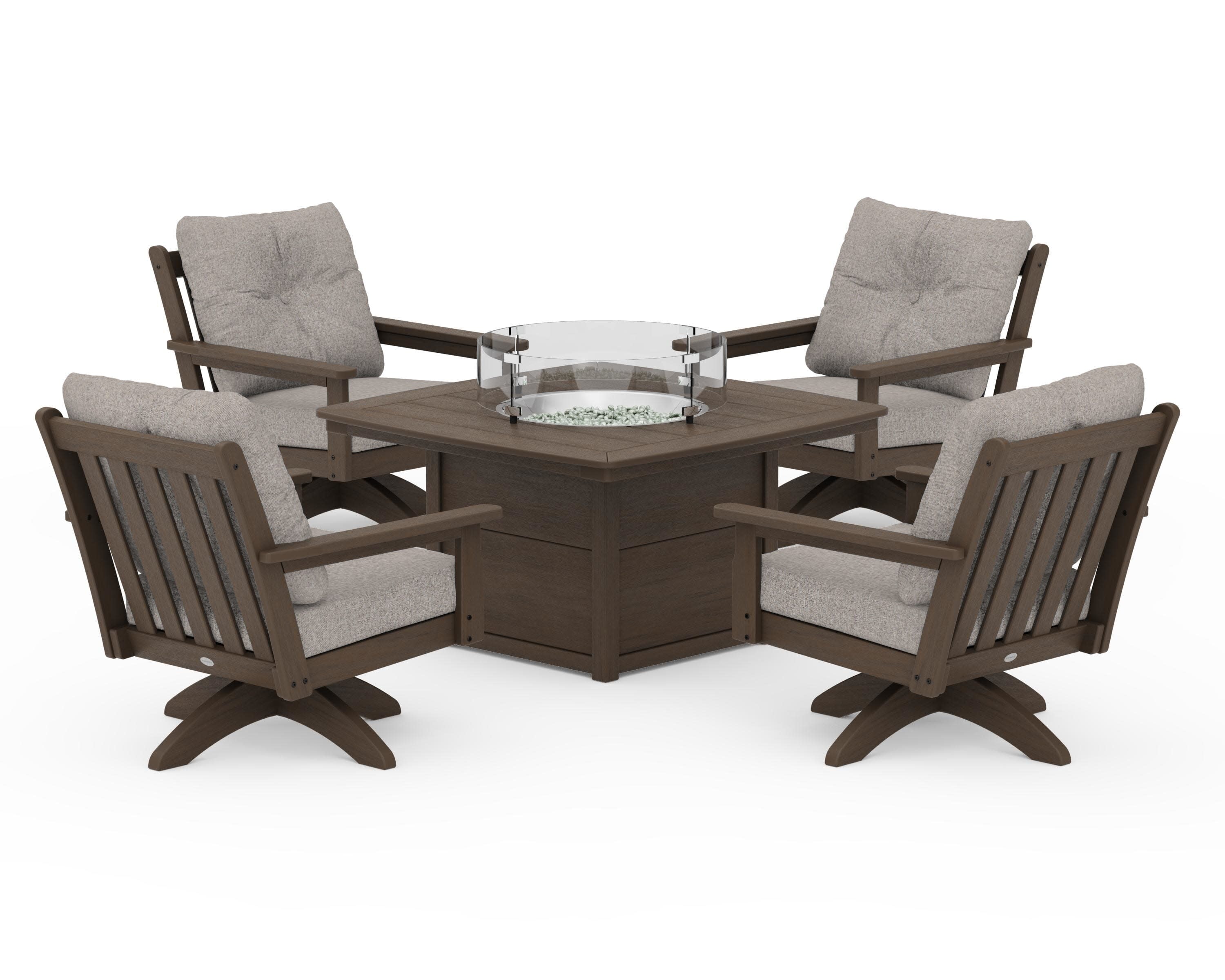 Vineyard 5-Piece Deep Seating Swivel Conversation Set with Fire Pit Table in Kona / Weathered Tweed
