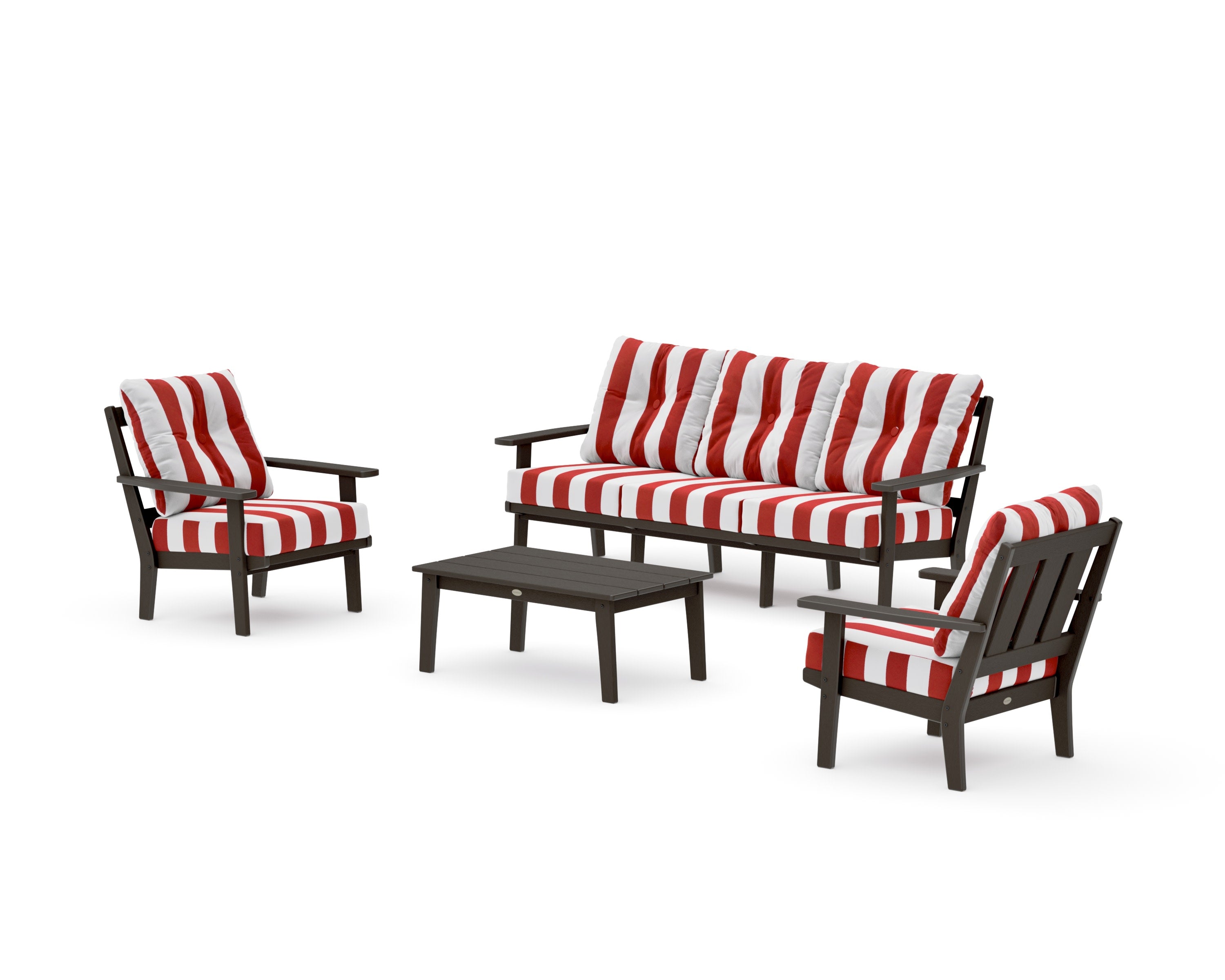Oxford 4-Piece Deep Seating Set with Sofa in Vintage Coffee / Cabana Stripe Crimson