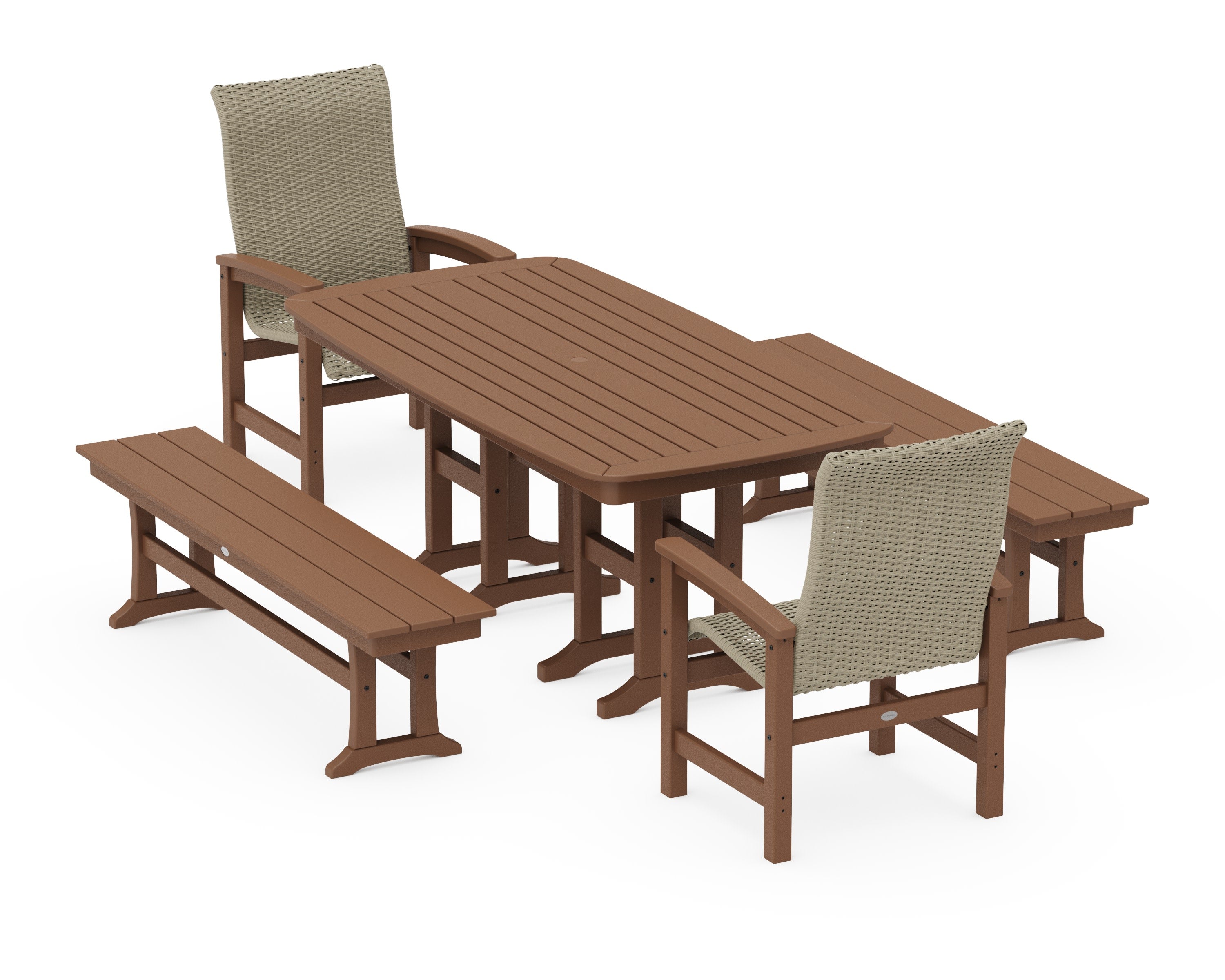 Coastal Woven High-Back 5-Piece Dining Set with Benches in Teak / Dune Grass
