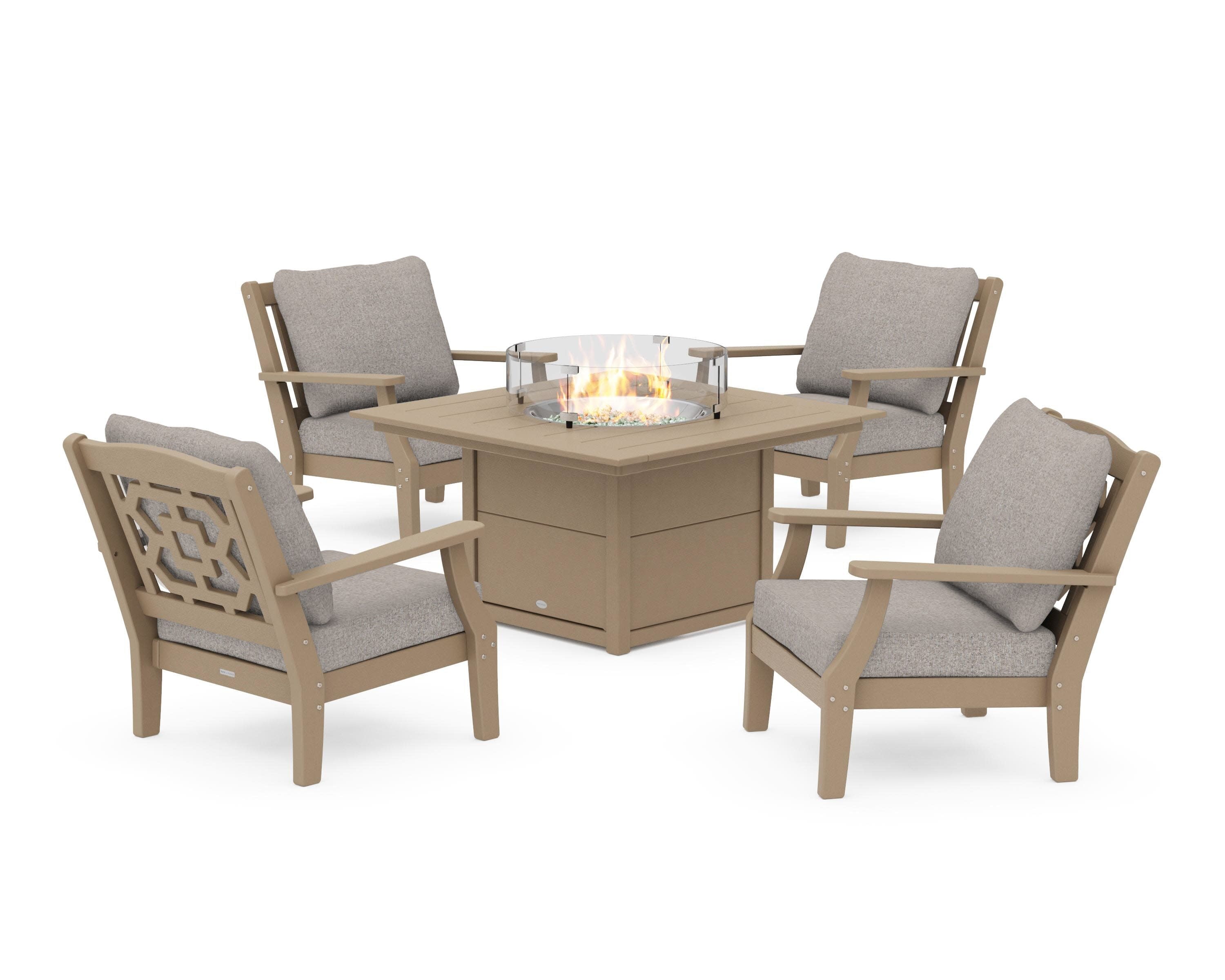 Chinoiserie 5-Piece Deep Seating Set with Fire Pit Table in Vintage Sahara / Weathered Tweed