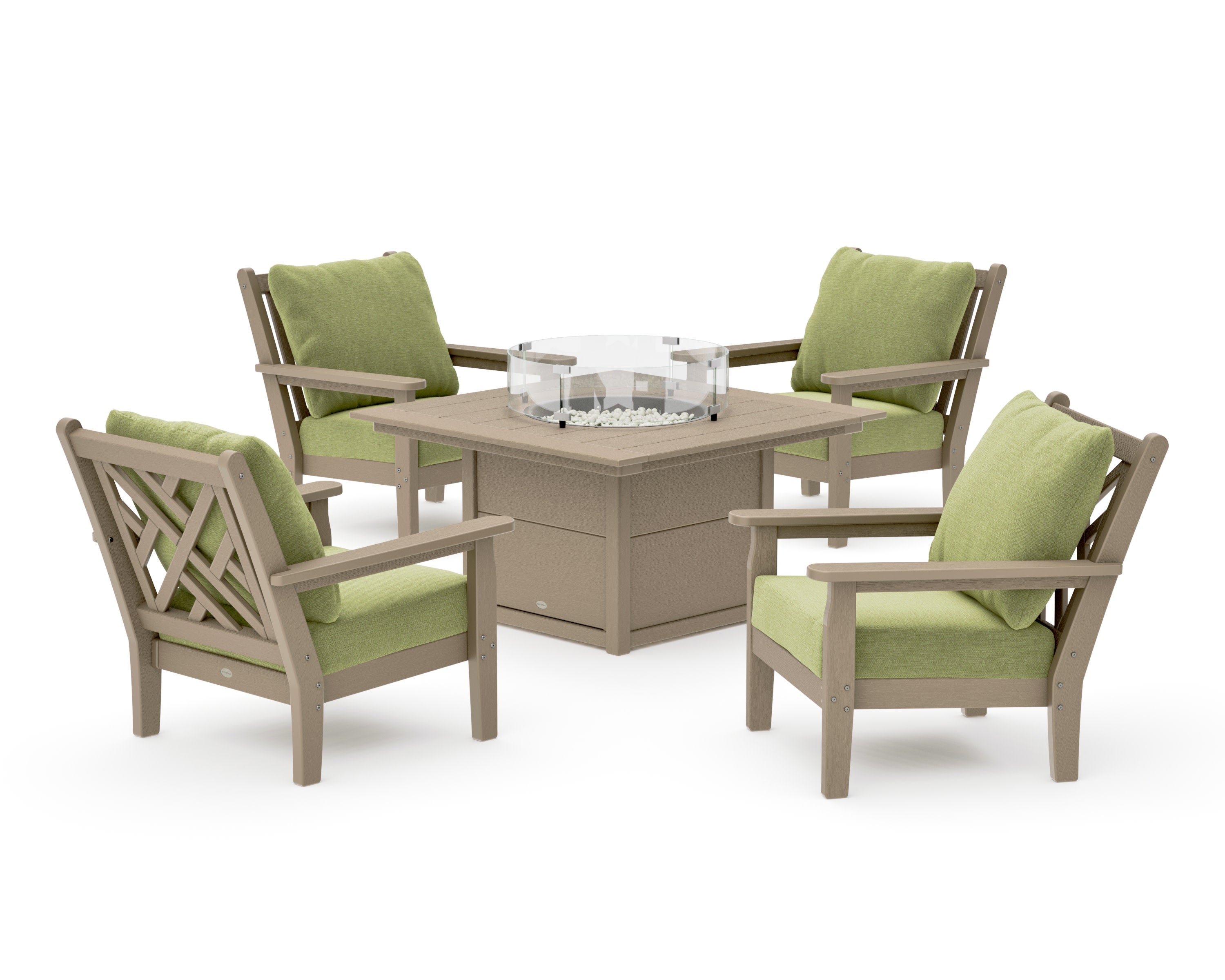 Chippendale 5-Piece Deep Seating Set with Fire Pit Table in Vintage Sahara / Chartreuse Boucle