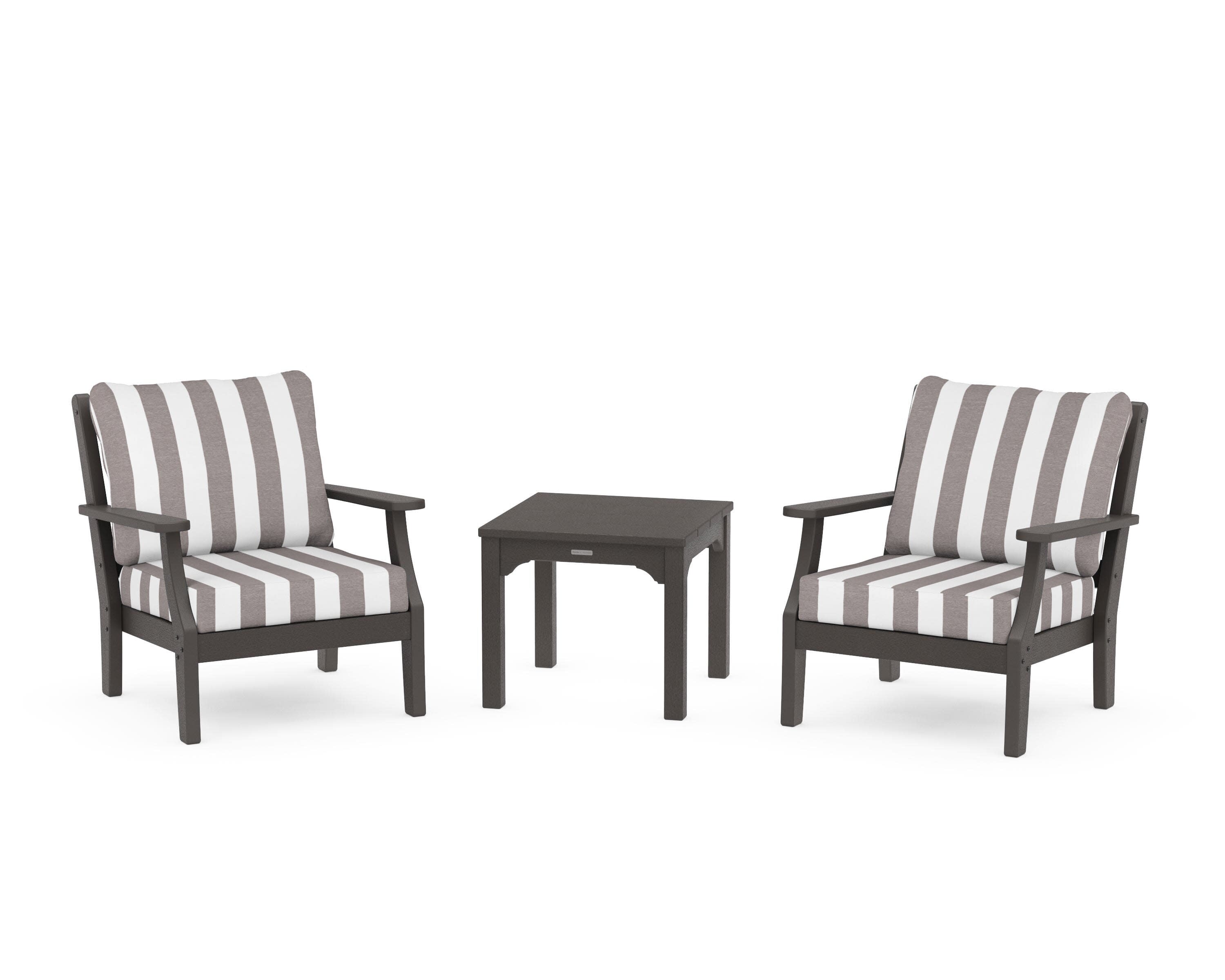 Chinoiserie 3-Piece Deep Seating Set in Vintage Coffee / Cabana Stripe Grey Mist