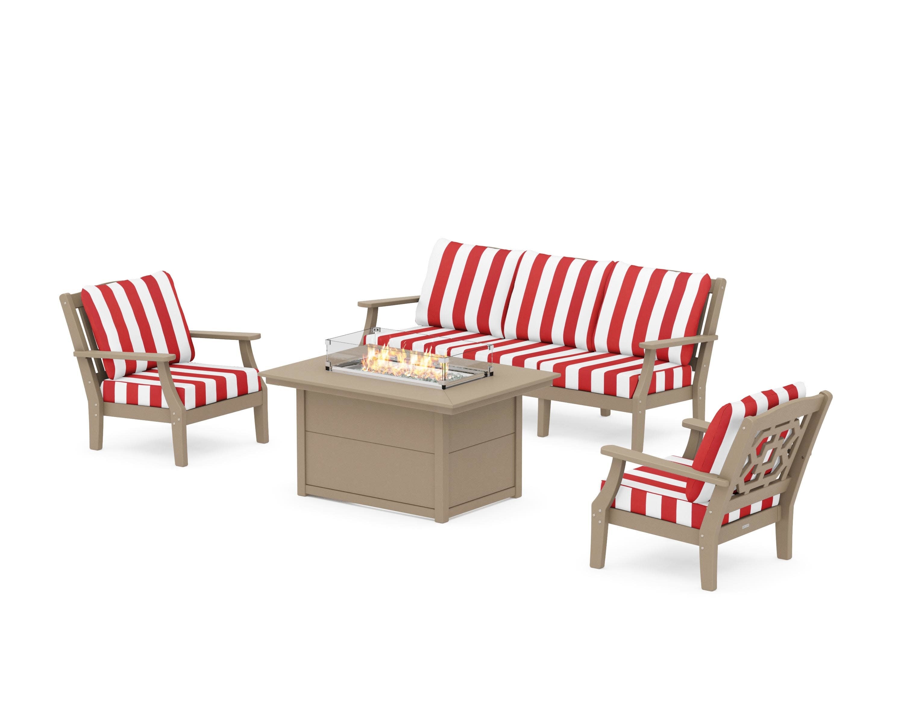 Chinoiserie Deep Seating Fire Pit Table Set in Vintage Sahara / Cabana Stripe Crimson