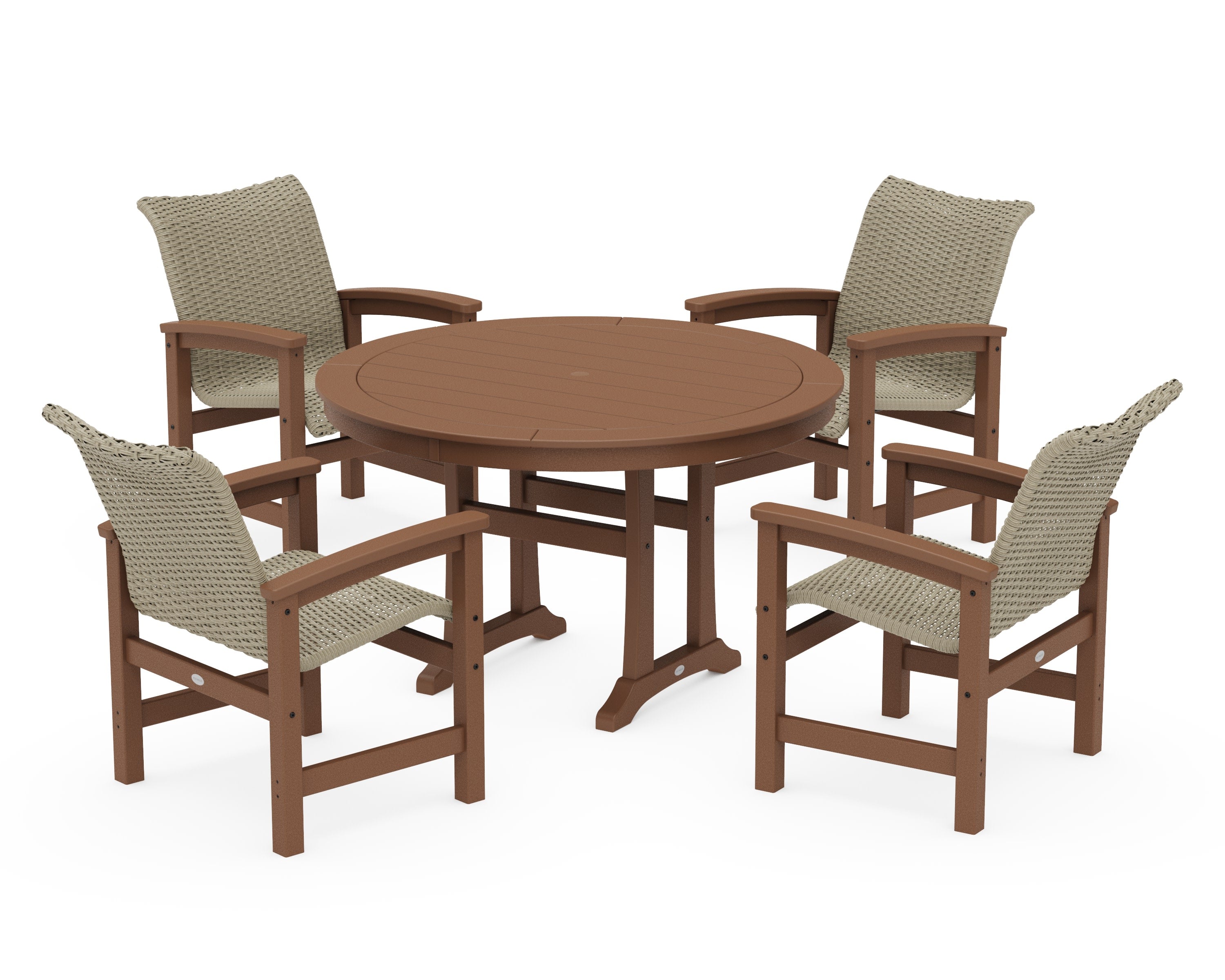 Coastal Woven 5-Piece Round Dining Set with Trestle Legs in Teak / Dune Grass
