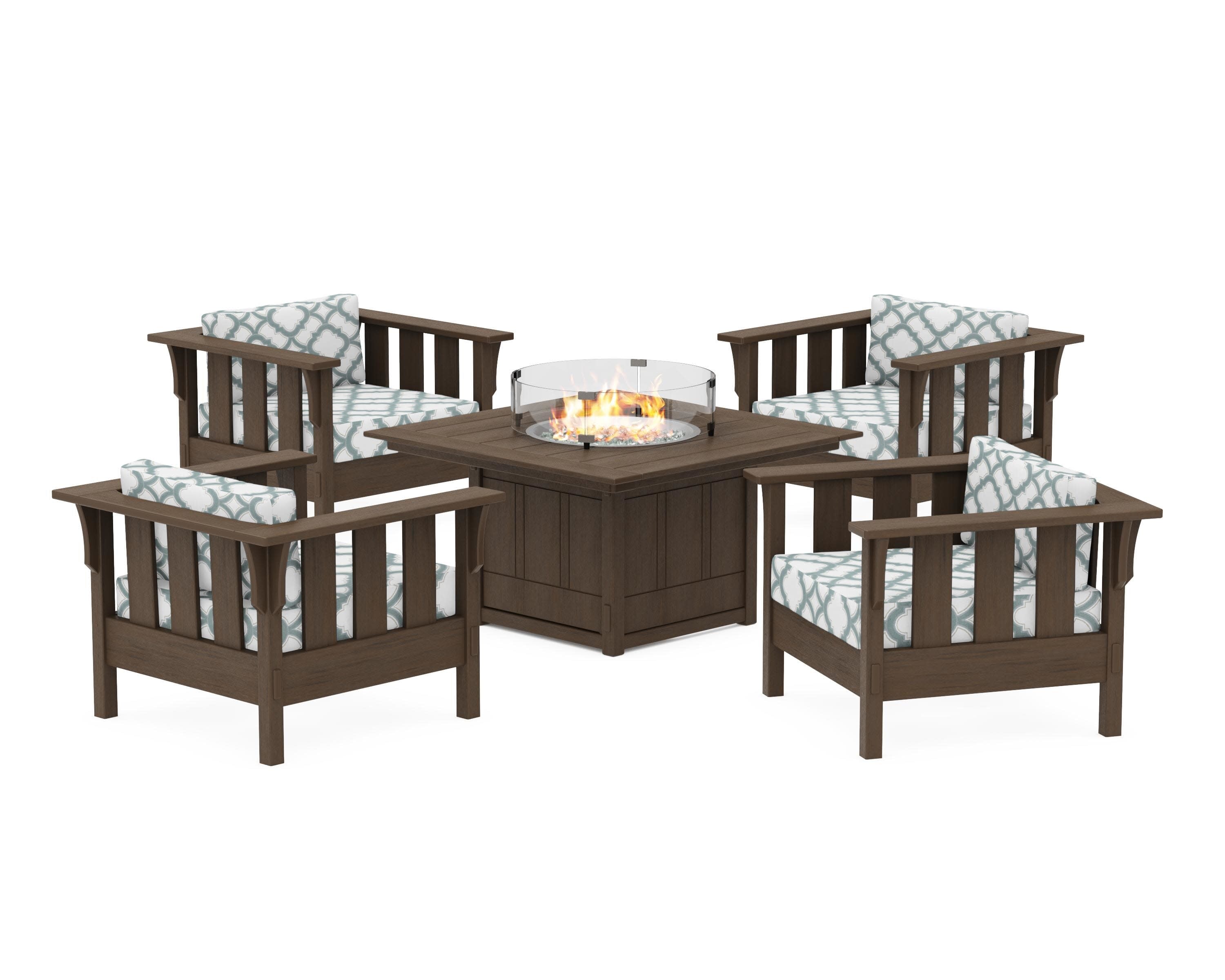 Acadia 5-Piece Deep Seating Set with Fire Pit Table in Kona / Trellis Glacier Spa