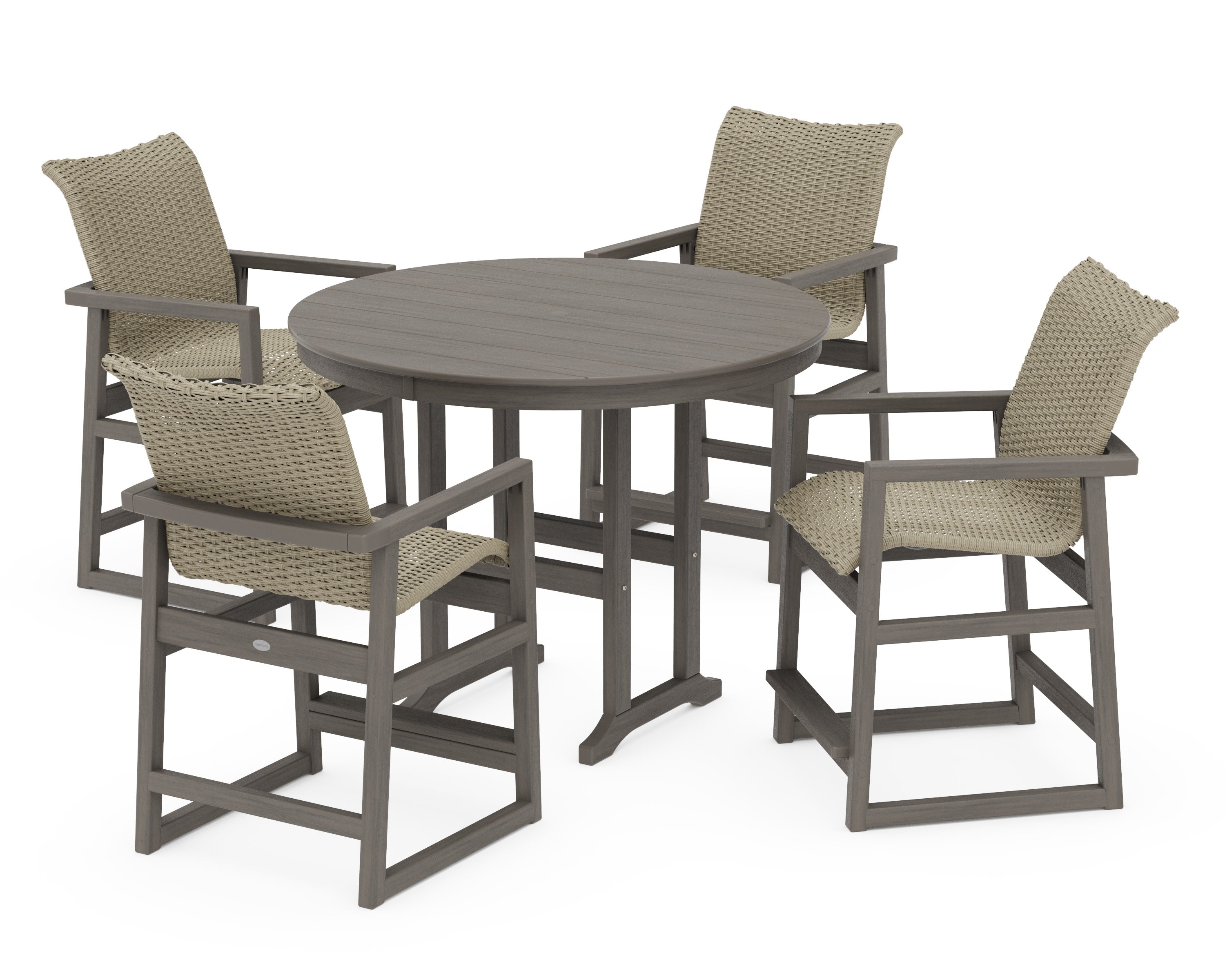 EDGE Woven 5-Piece Round Farmhouse Counter Set in Driftwood / Dune Grass