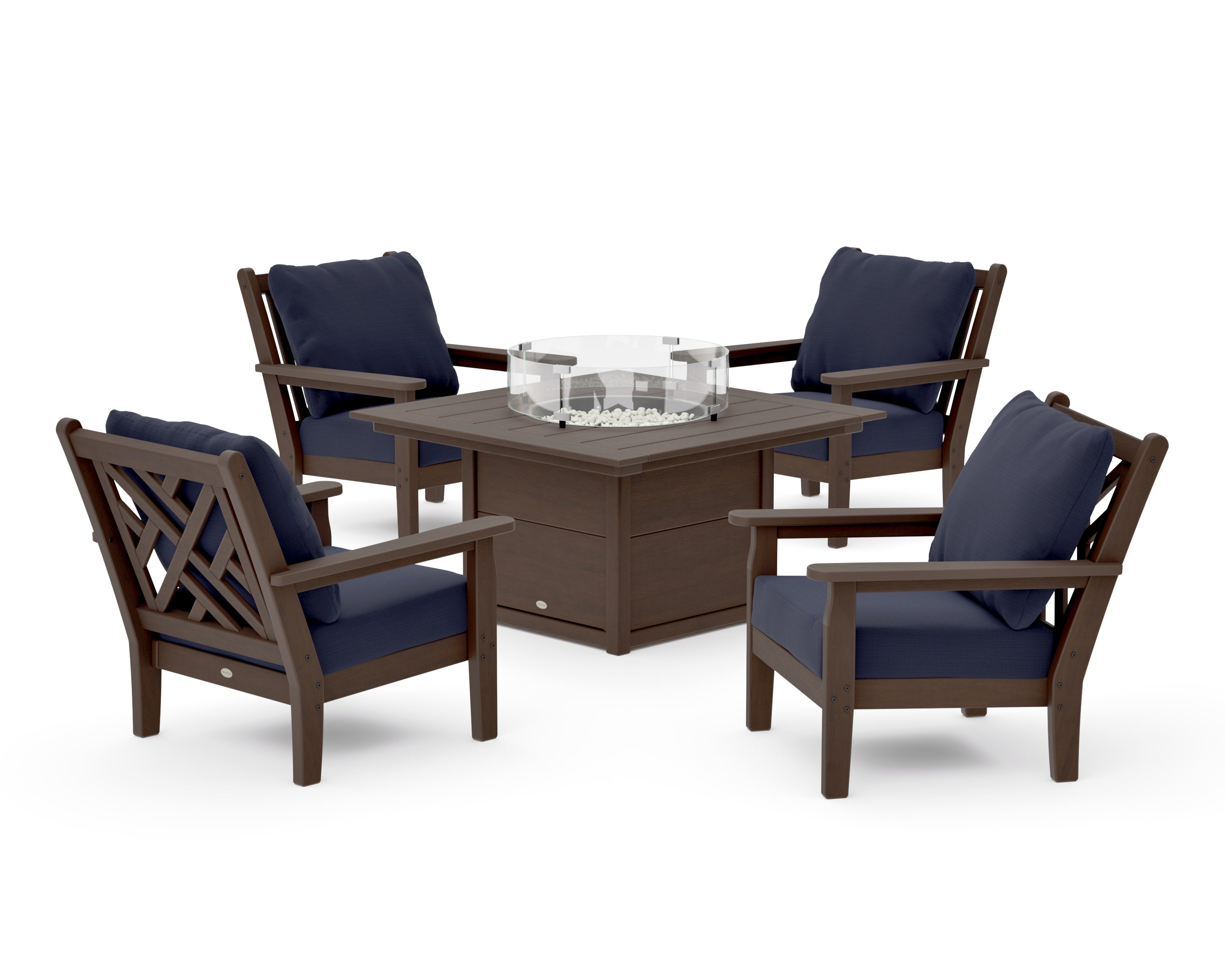 Chippendale 5-Piece Deep Seating Set with Fire Pit Table in Kona / Navy Linen