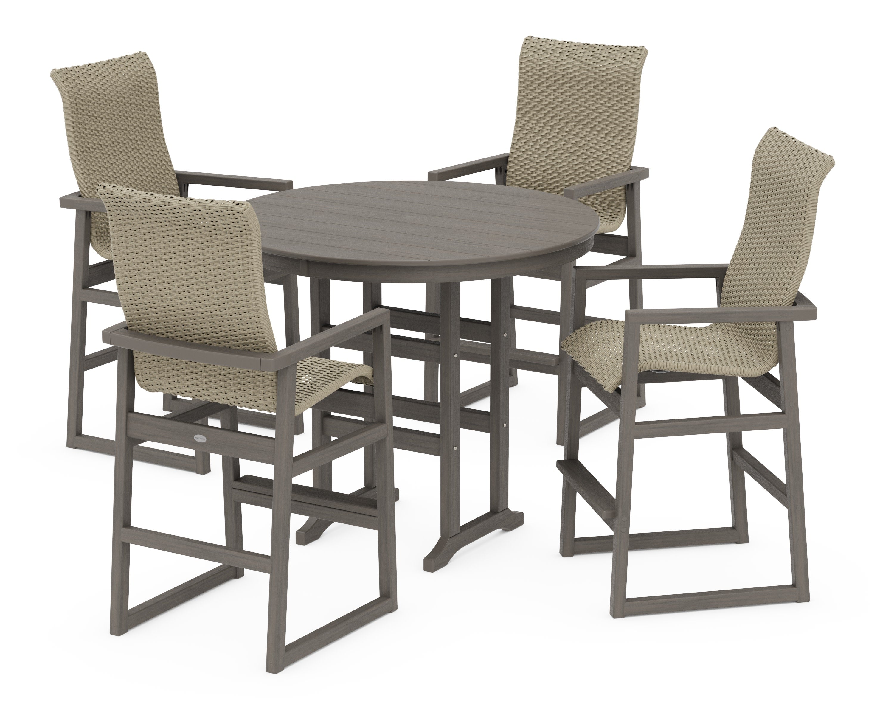 EDGE Woven Highback 5-Piece Round Farmhouse Bar Set in Driftwood / Dune Grass