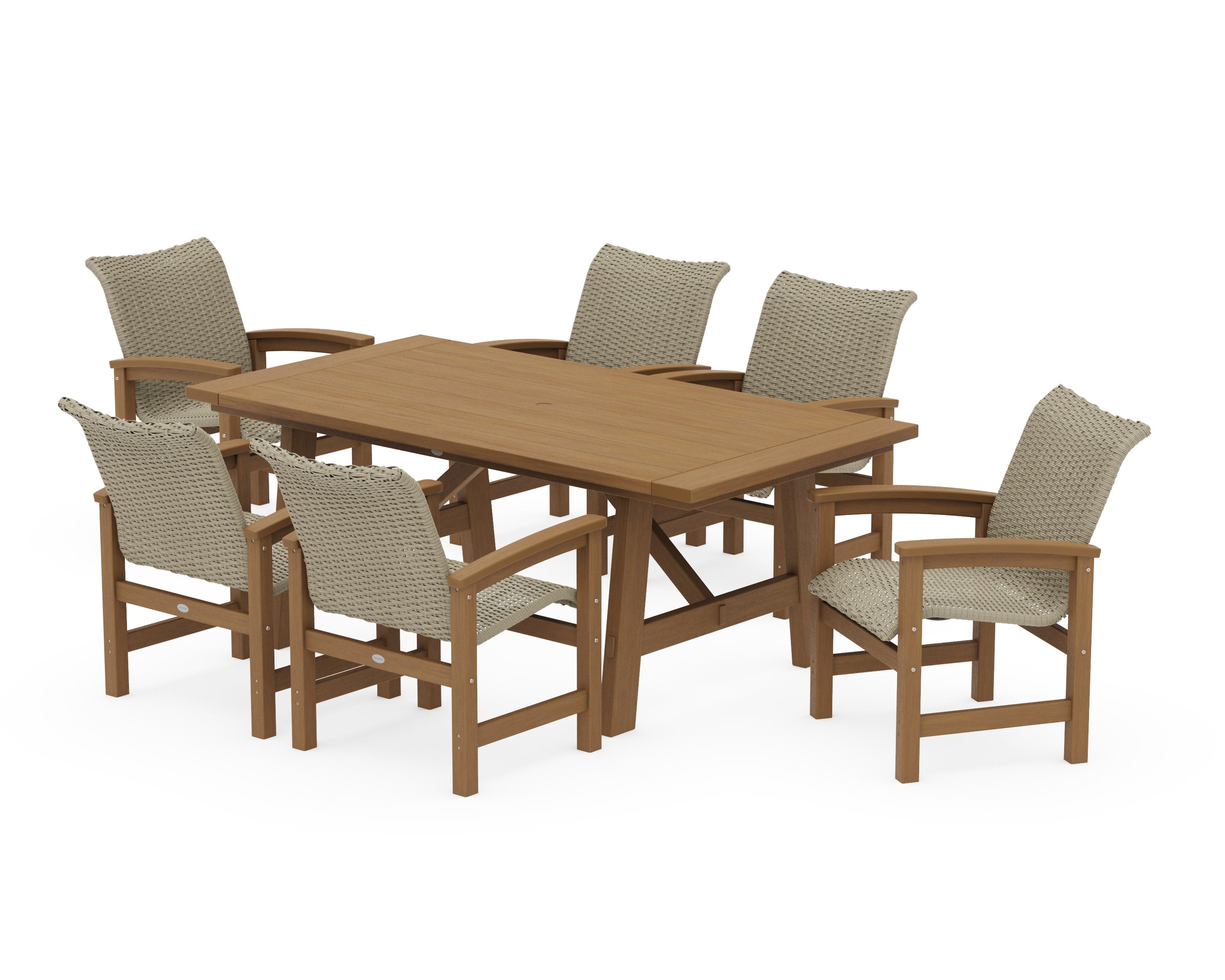Coastal Woven Arm Chair 7-Piece Rustic Farmhouse Dining Set in Natural / Dune Grass