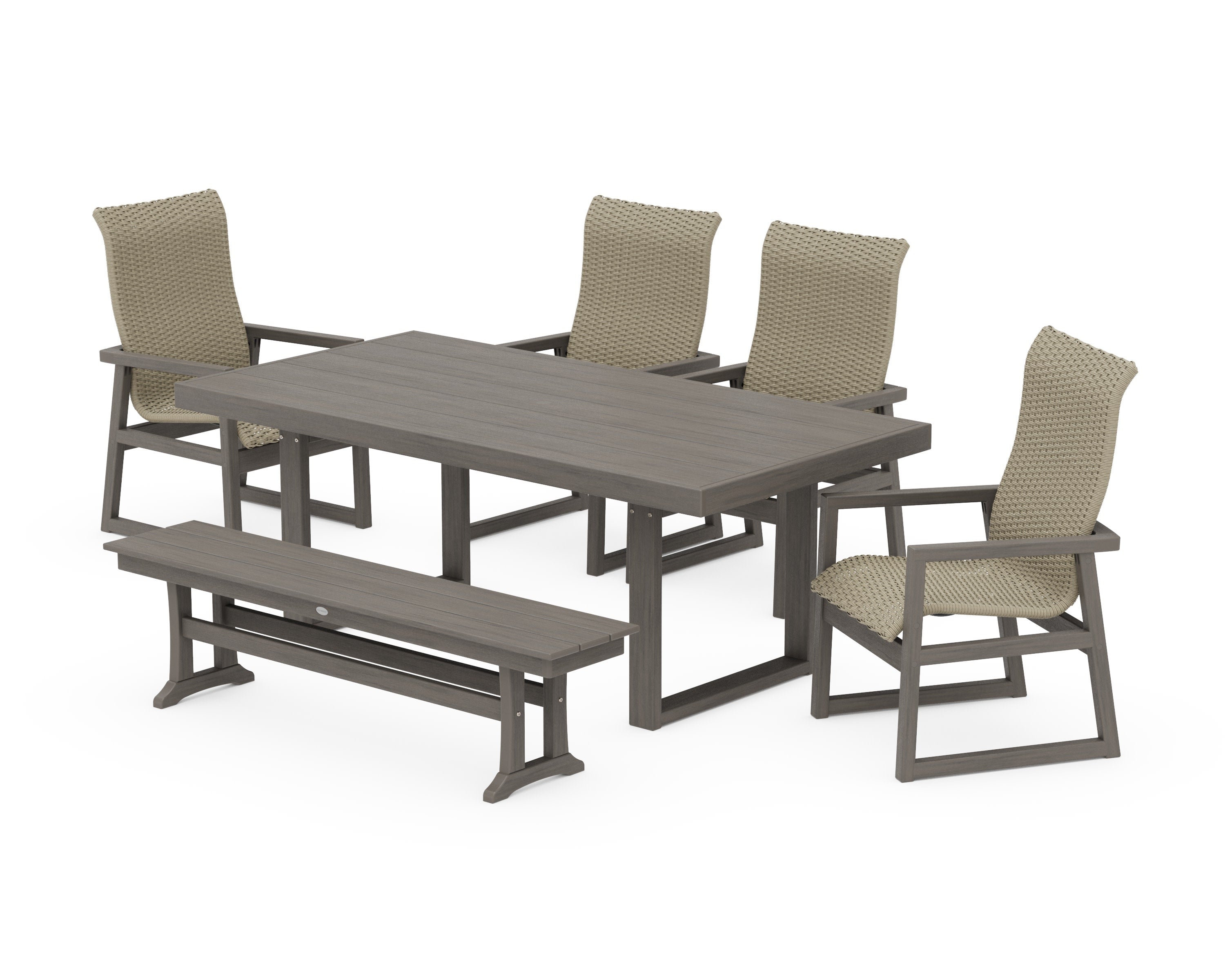 EDGE Woven Highback 6-Piece Dining Set with Bench in Driftwood / Dune Grass
