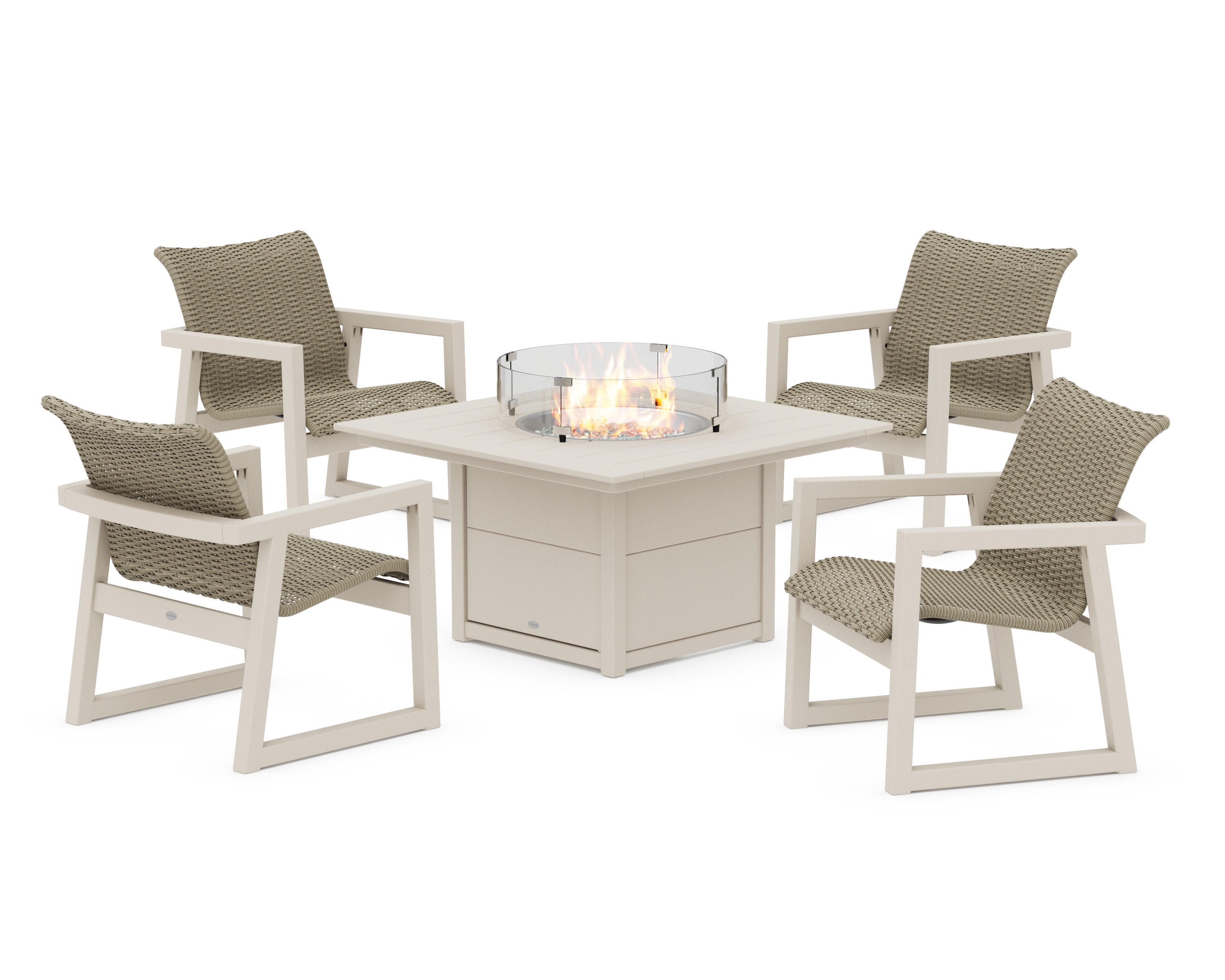EDGE Woven 5-Piece Lounge Chair Seating Set with Fire Pit Table in Sand / Dune Grass