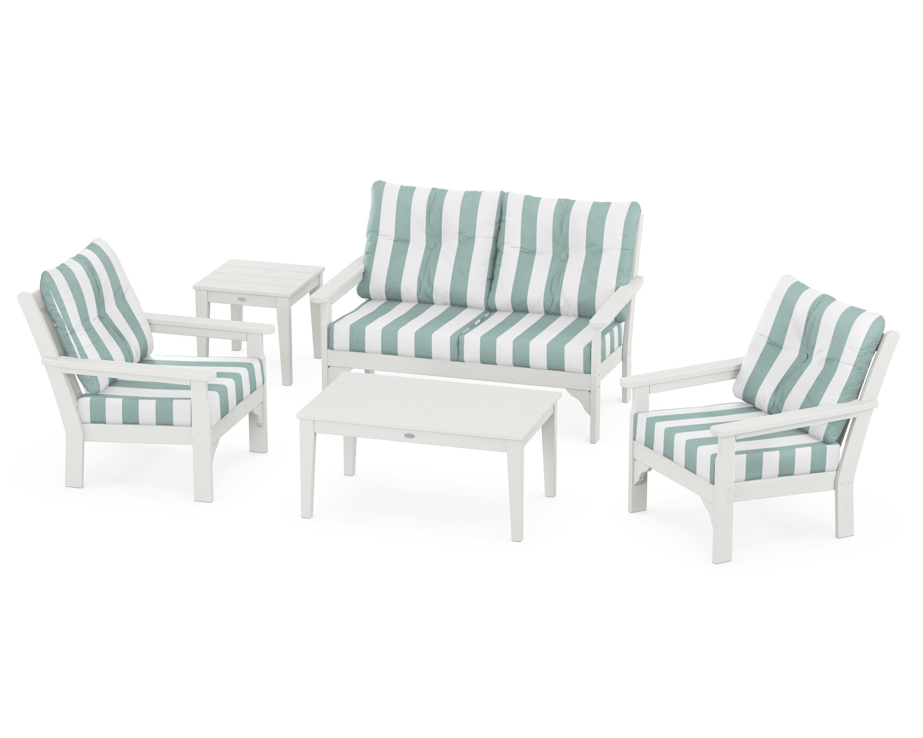 Vineyard 5-Piece Deep Seating Set in Vintage White / Cabana Stripe Glacier Spa