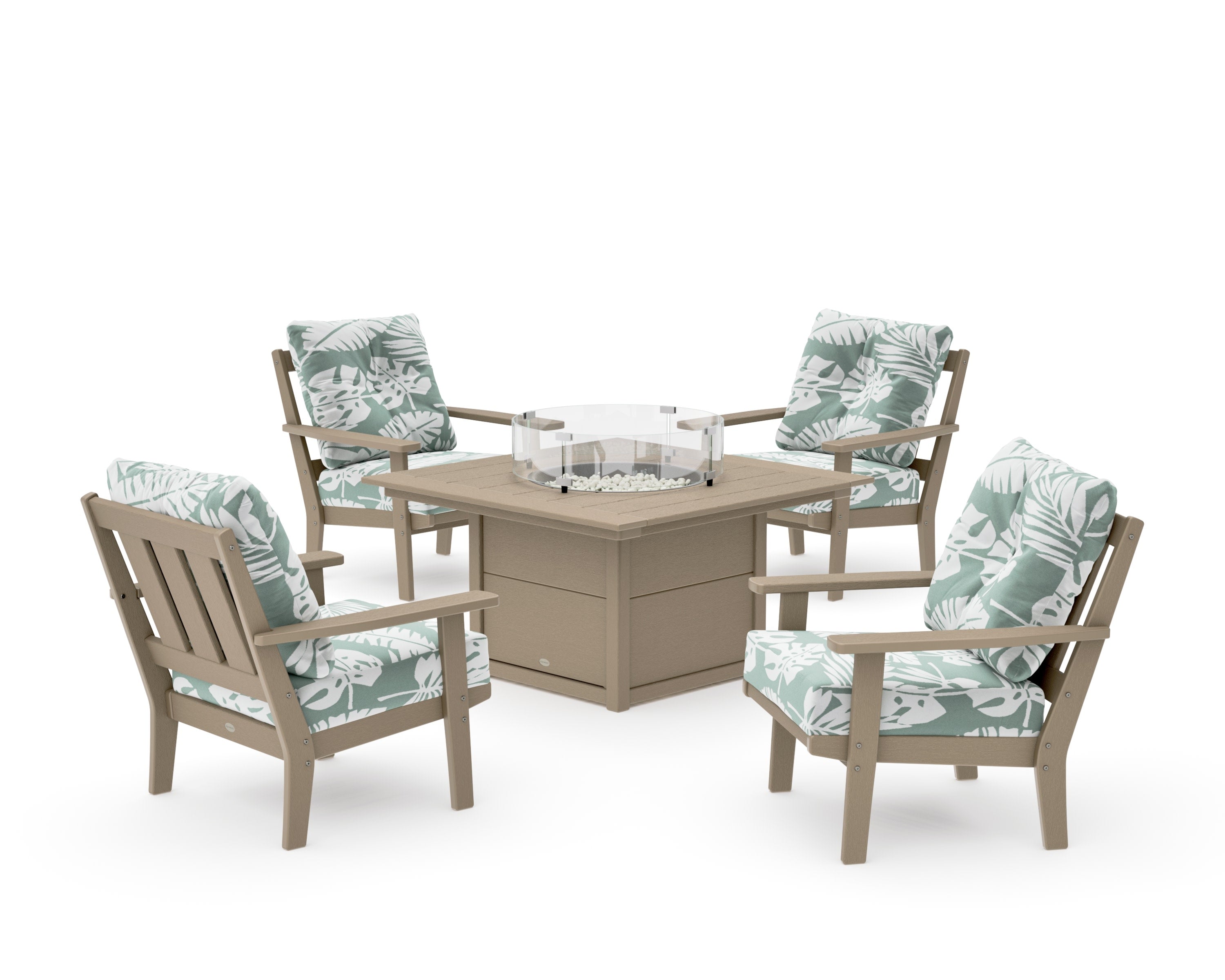 Oxford 5-Piece Deep Seating Set with Fire Pit Table in Vintage Sahara / Leaf Glacier Spa