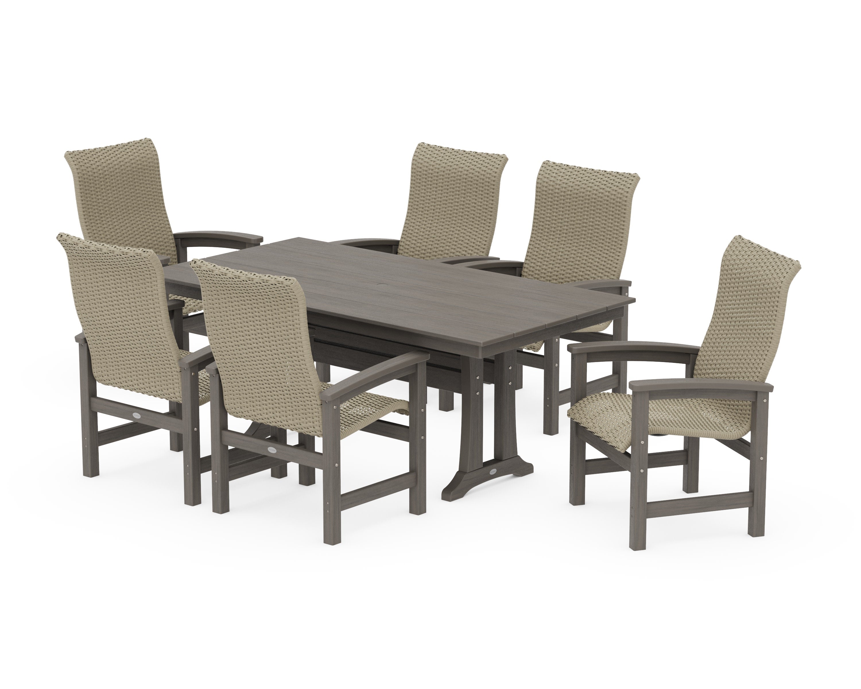 Coastal Woven High-Back Arm Chair 7-Piece Farmhouse Dining Set with Trestle Legs in Driftwood / Dune Grass