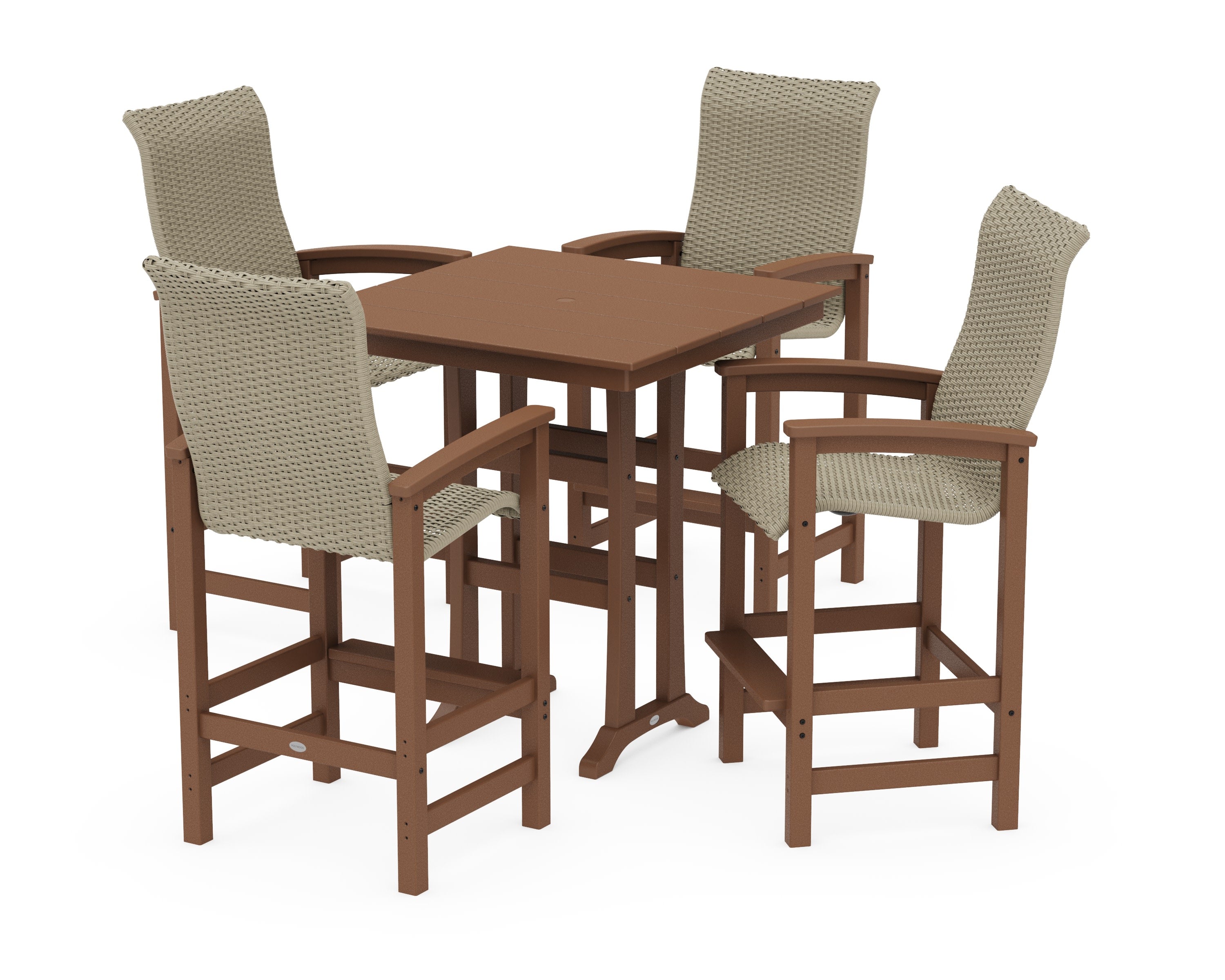Coastal Woven High-Back 5-Piece Farmhouse Bar Set with Trestle Legs in Teak / Dune Grass