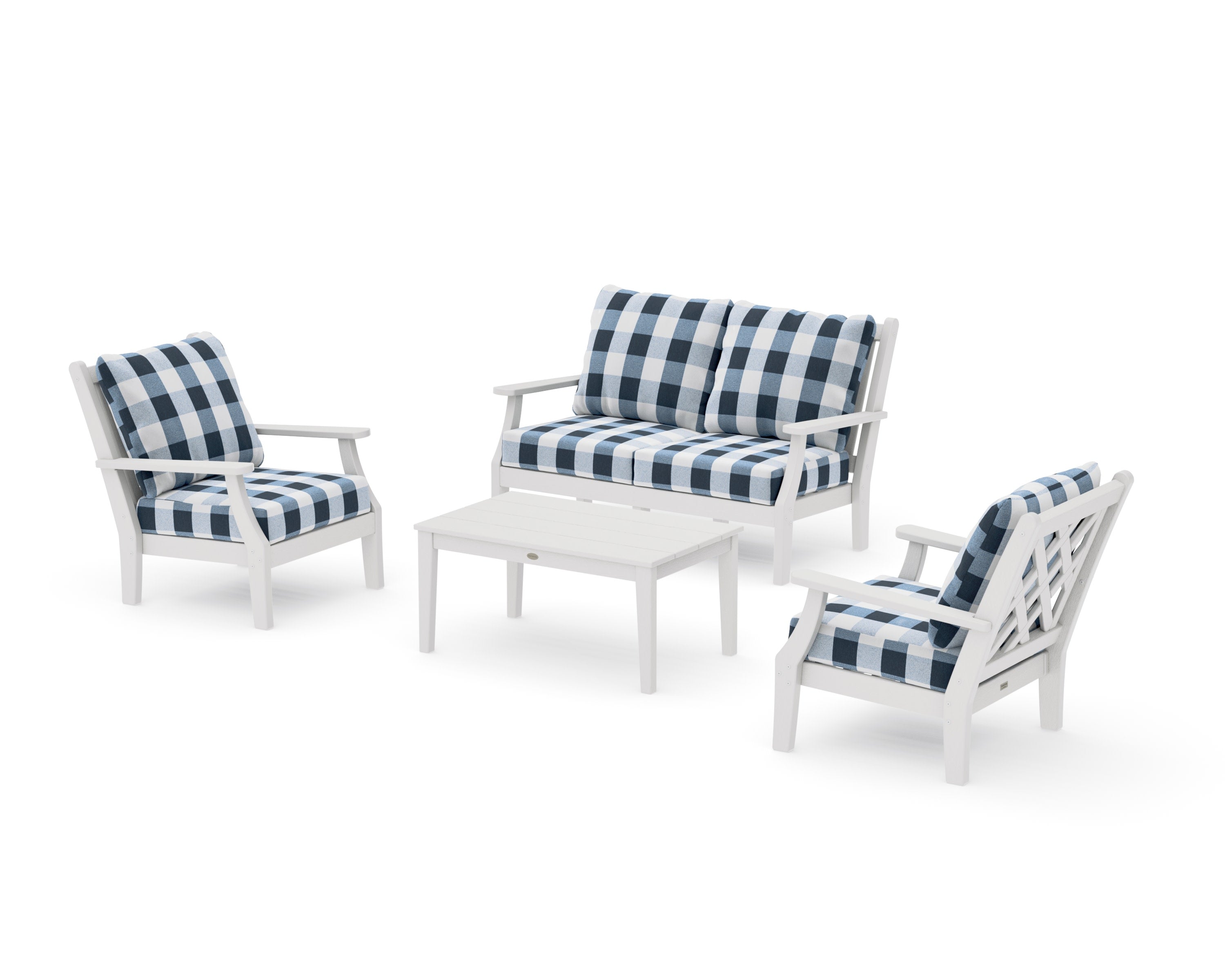Wovendale 4-Piece Deep Seating Set with Loveseat in Vintage White / Buffalo Plaid Marine Indigo