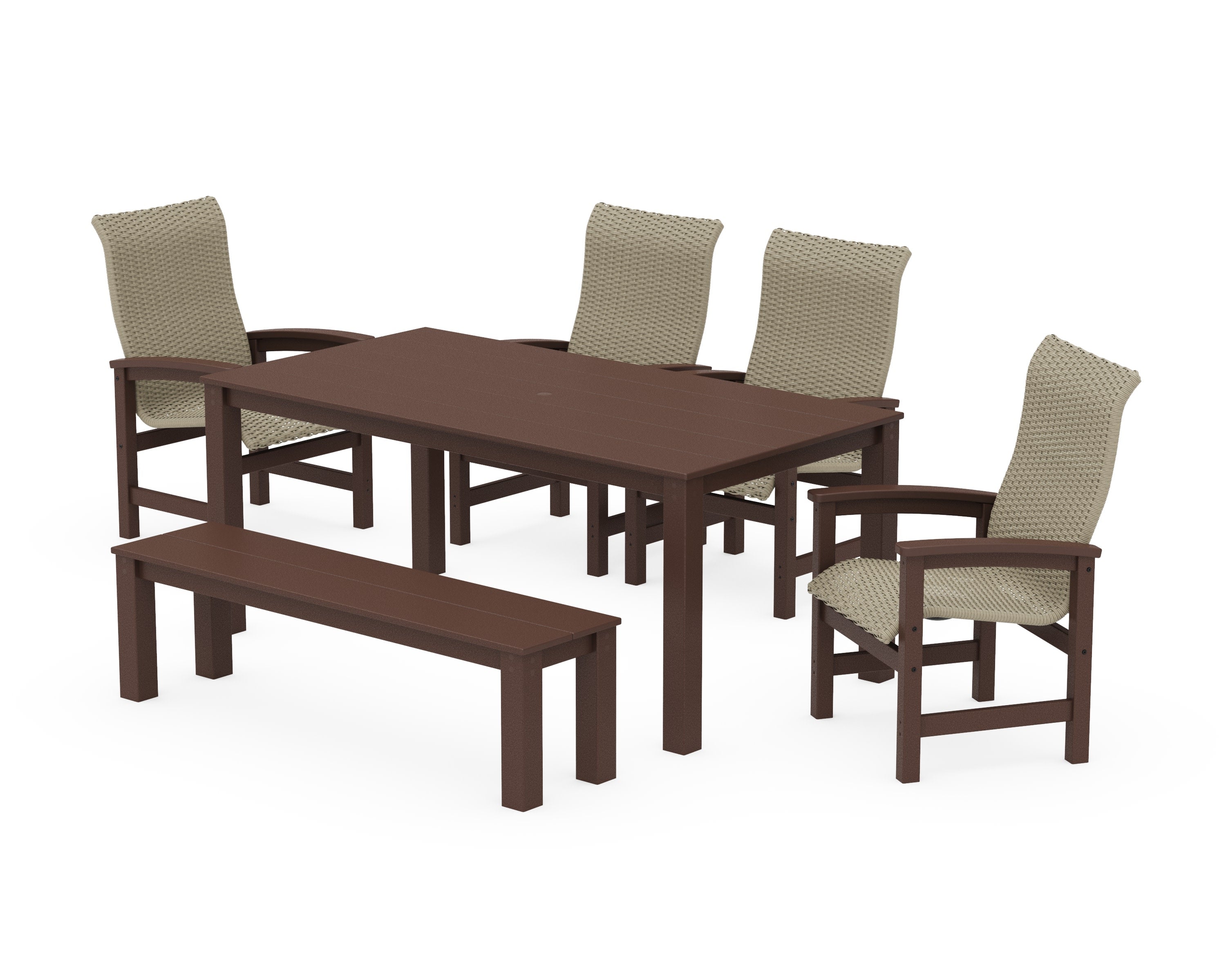 Coastal Woven High-Back 6-Piece Parsons Dining Set with Bench in Mahogany / Dune Grass
