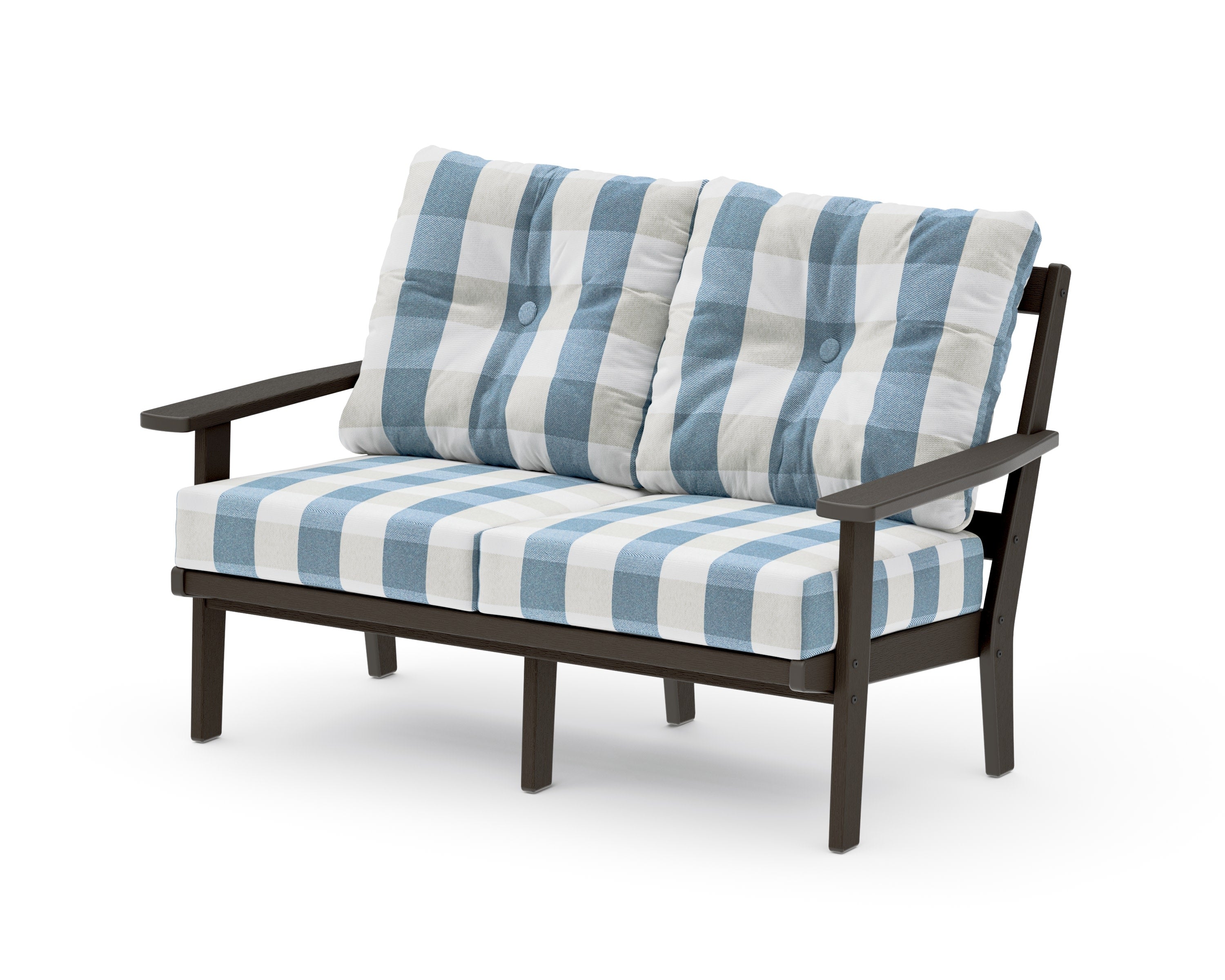 Prairie Deep SeatingLoveseat in Vintage Coffee / Buffalo Plaid Sky Blue
