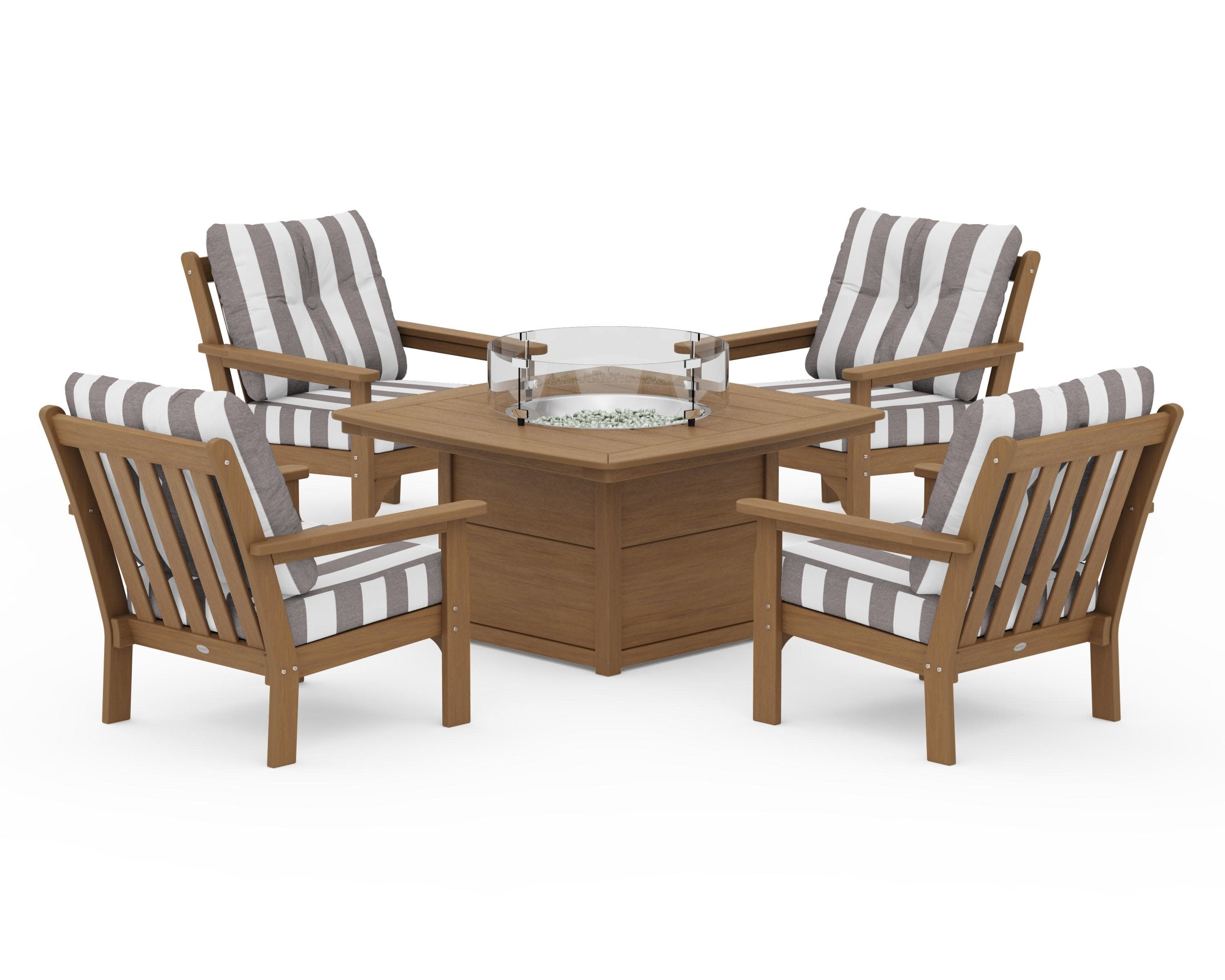 Vineyard 5-Piece Conversation Set with Fire Pit Table in Natural / Cabana Stripe Grey Mist