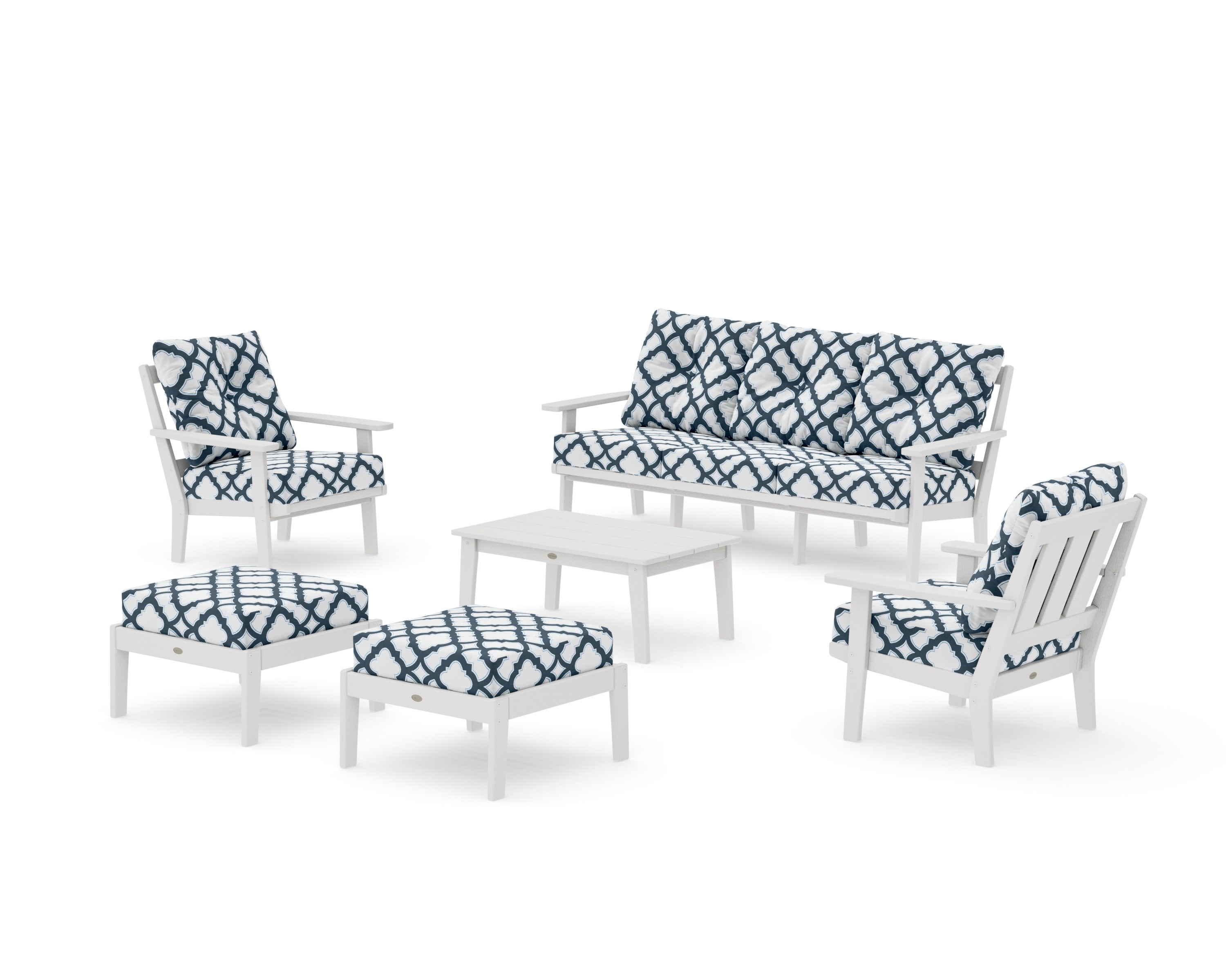 Oxford 6-Piece Lounge Sofa Set in Vintage White / Trellis Marine Indigo